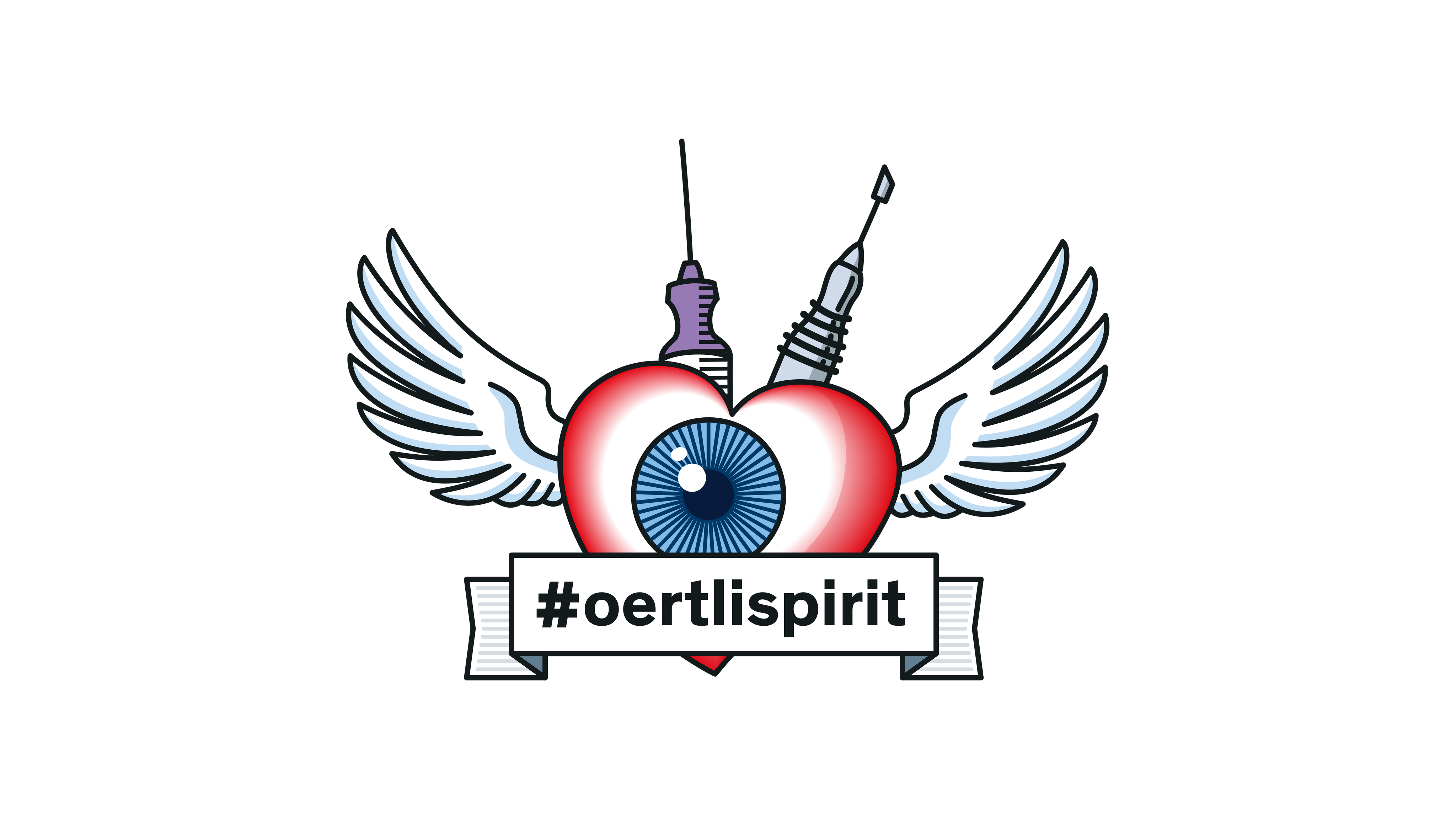 Illustration mit Herz, Auge, Flügeln und chirurgischen Instrumenten sowie dem Schriftzug #oertlispirit als Symbol für Teamgeist und Leidenschaft in der Augenchirurgie