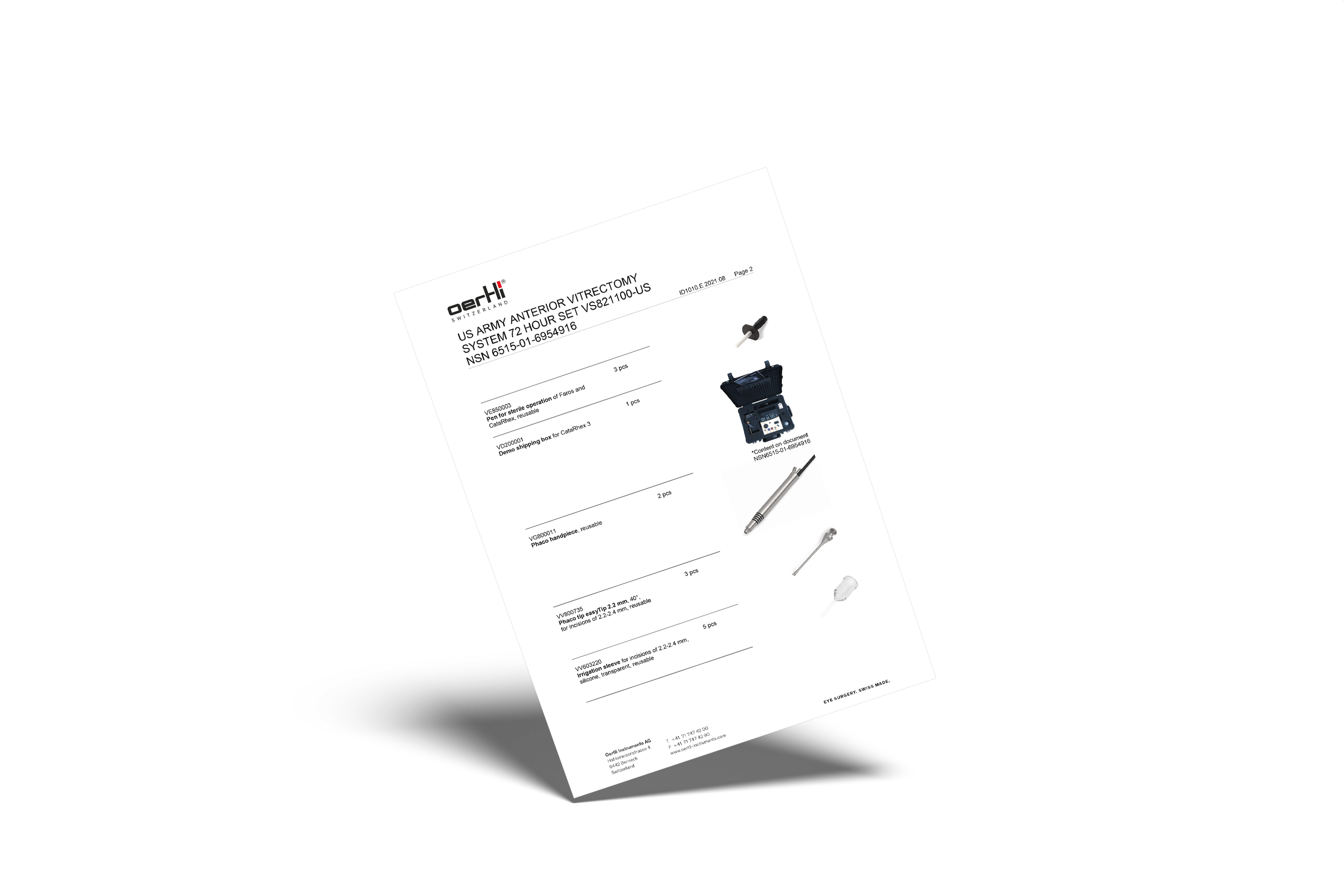 US Army Package list of contents in the package with CataRhex 3 and instruments