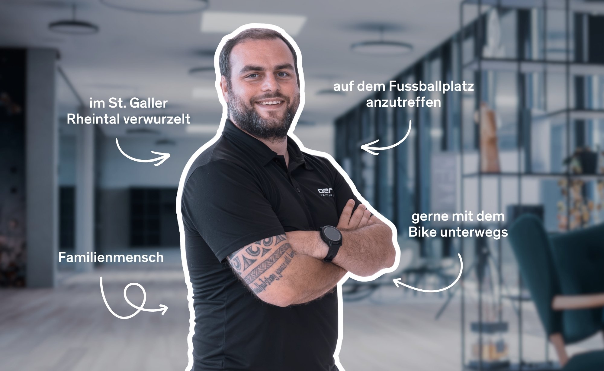 Portrait of a smiling Oertli employee in a hallway, surrounded by German notes about football, cycling, family and regional roots