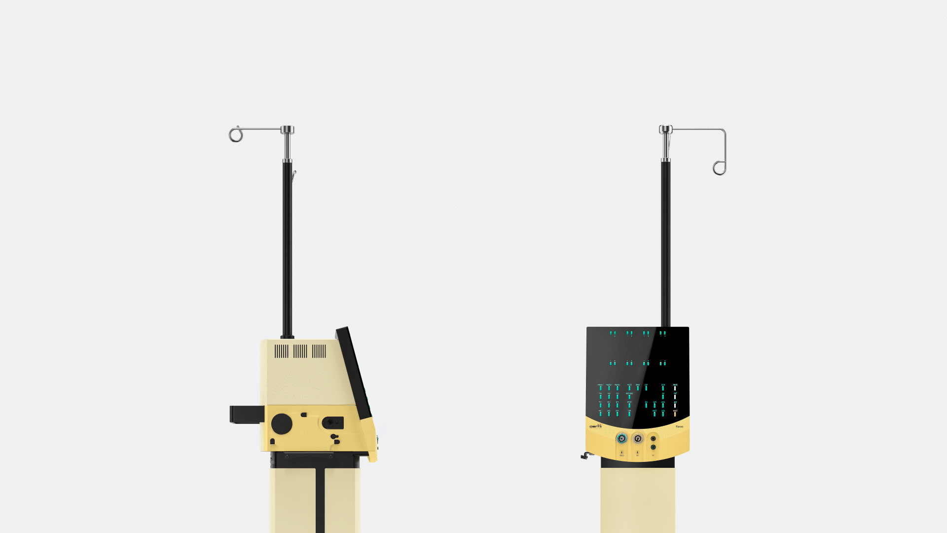 Faros surgical platform with extended infusion pole shown in side and front view