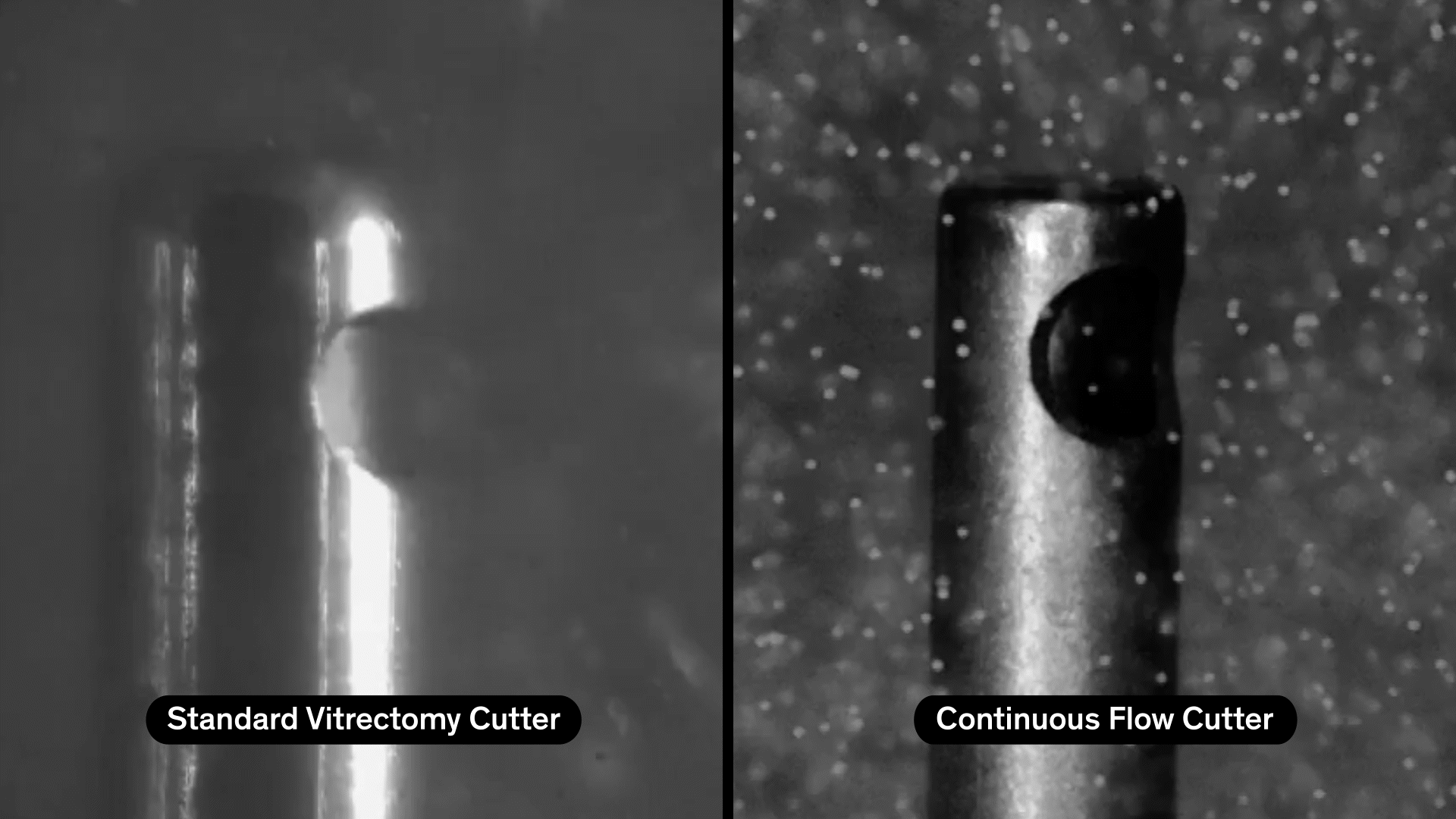 Comparison of a standard vitrectomy cutter and a continuous flow cutter shown side by side under magnification