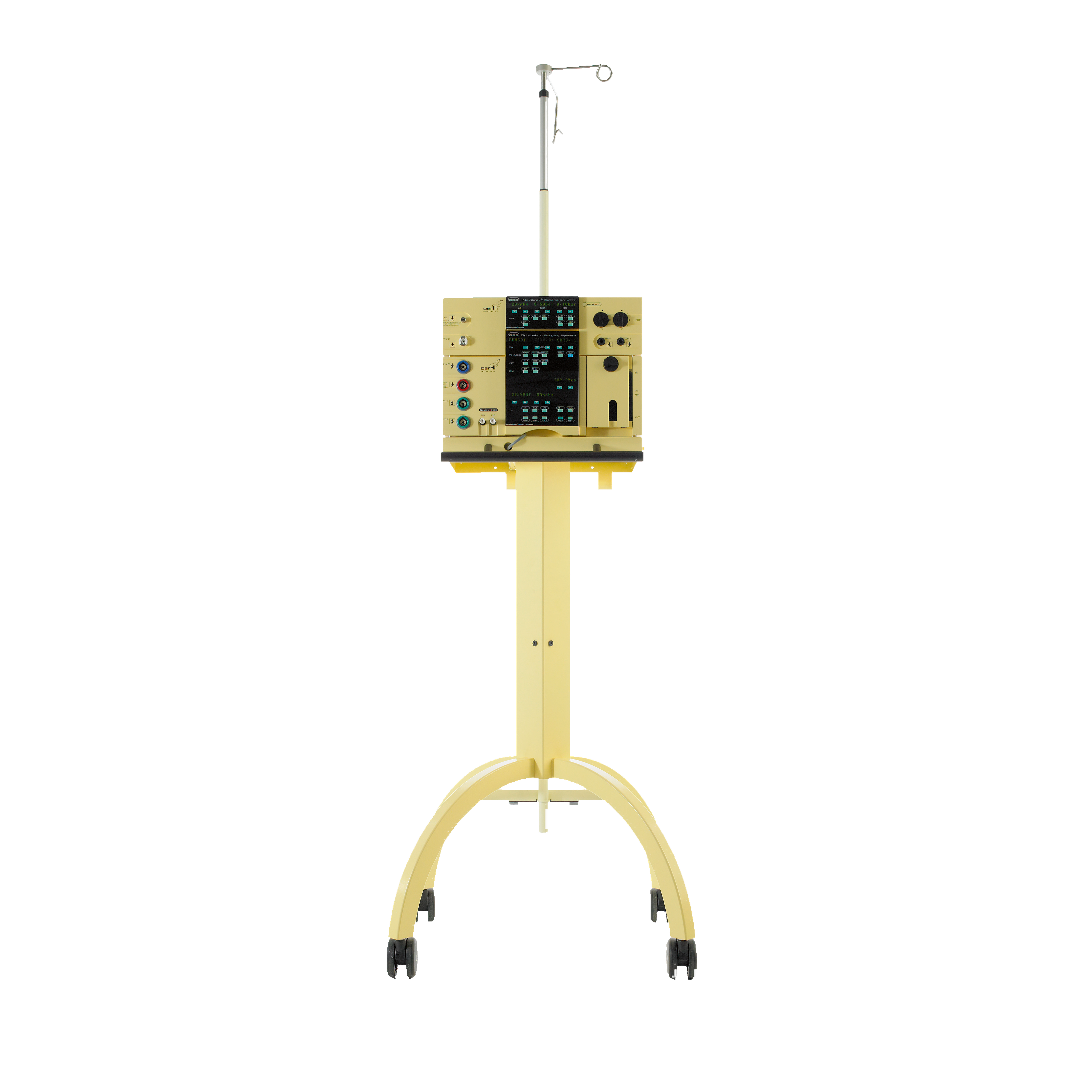 Historic OS 3 vitrectomy machine on a wheeled stand, shown as part of Oertli’s surgical platform history