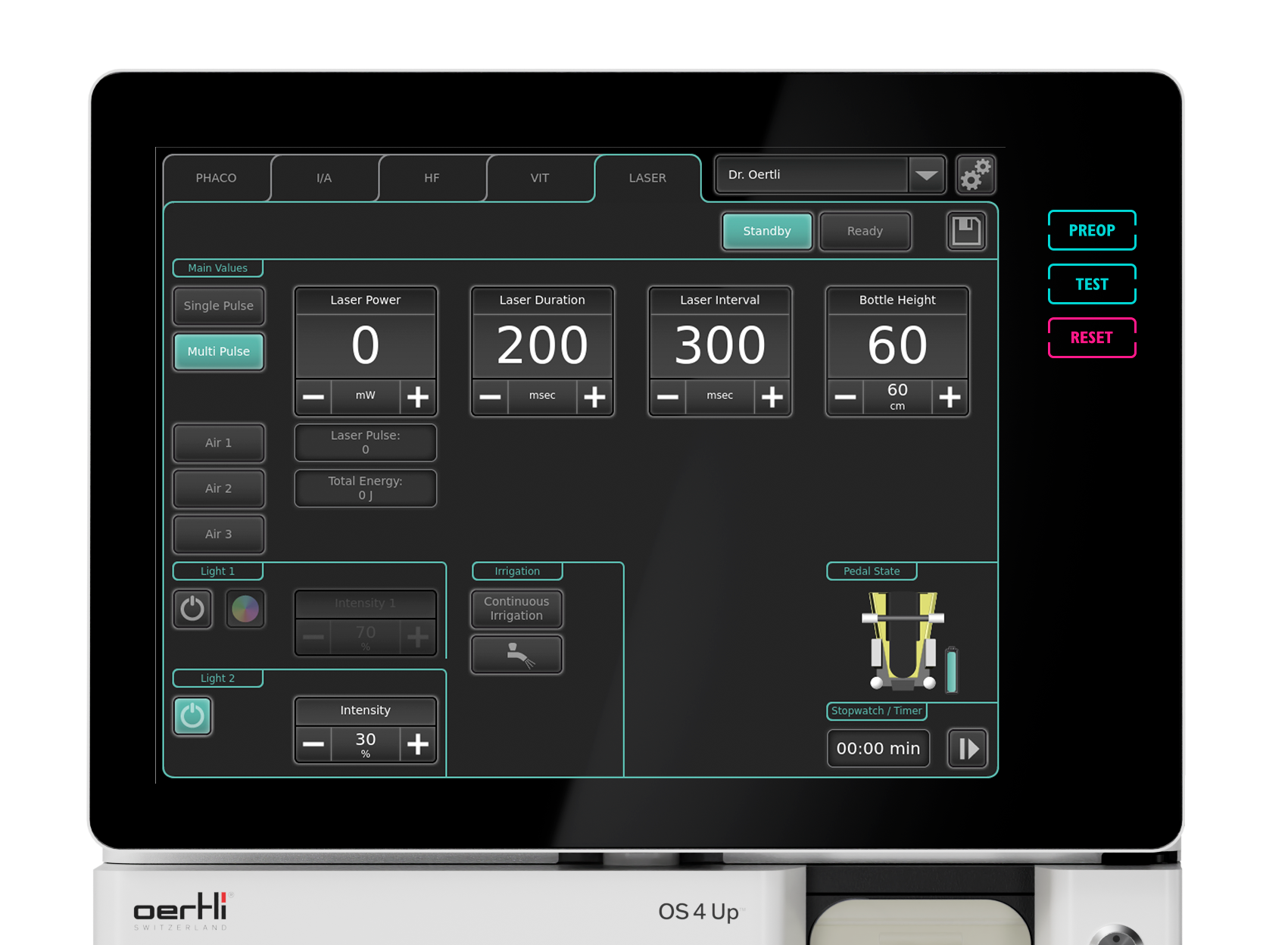 OS 4 Up touchscreen interface, laser module view, showing settings for laser power, duration, interval and integrated system controls