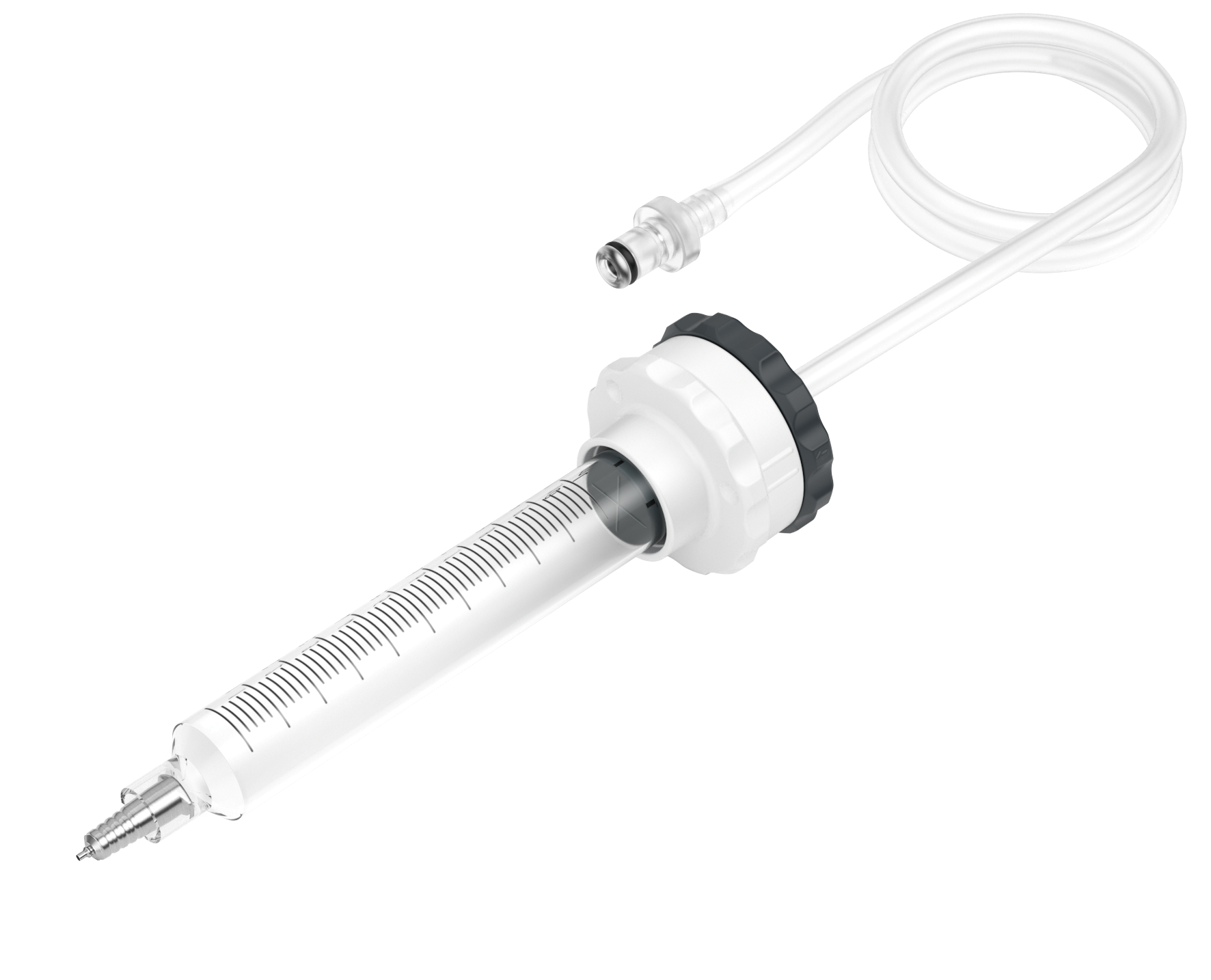 Assembled silicone oil application set with syringe, tubing and connector system