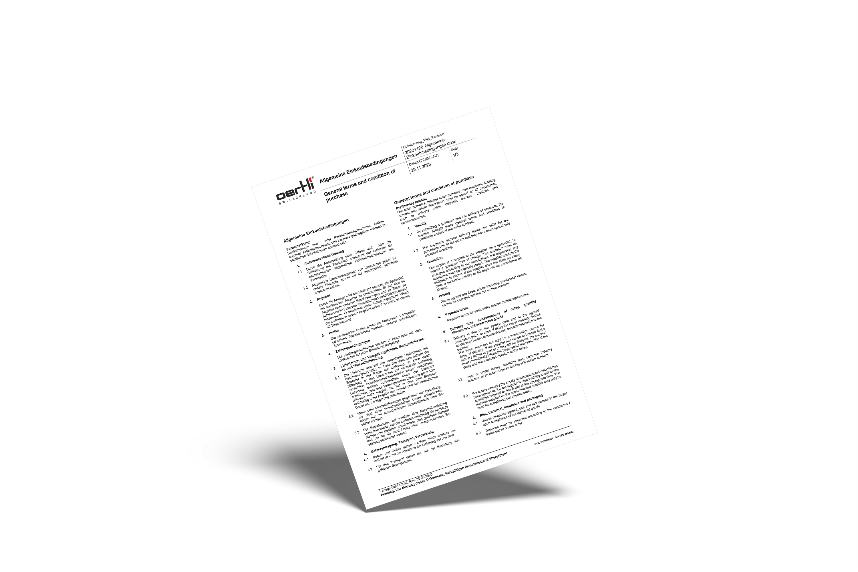 Document showing the general terms and conditions of purchase