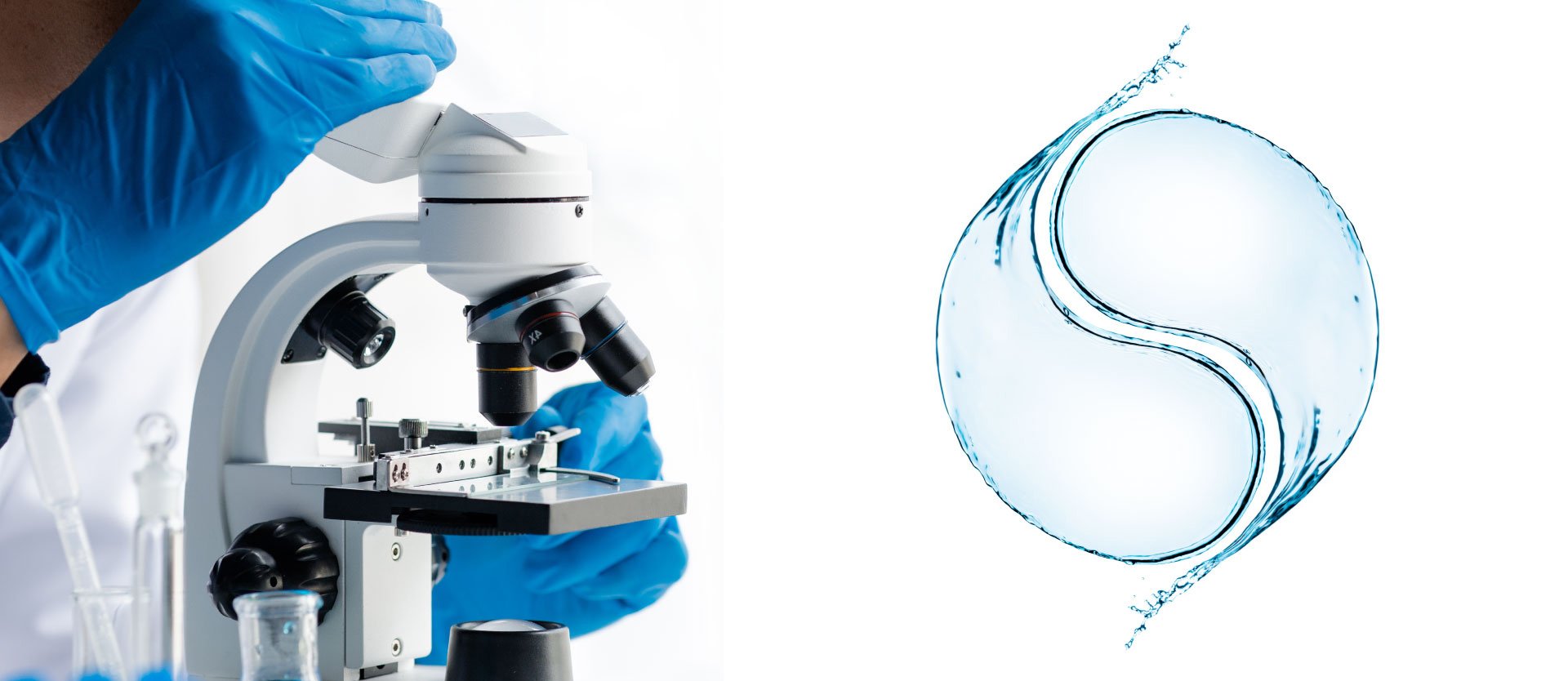 Laboratory microscope next to a water-formed yin-yang symbol, representing the connection between science and philosophy in eye surgery