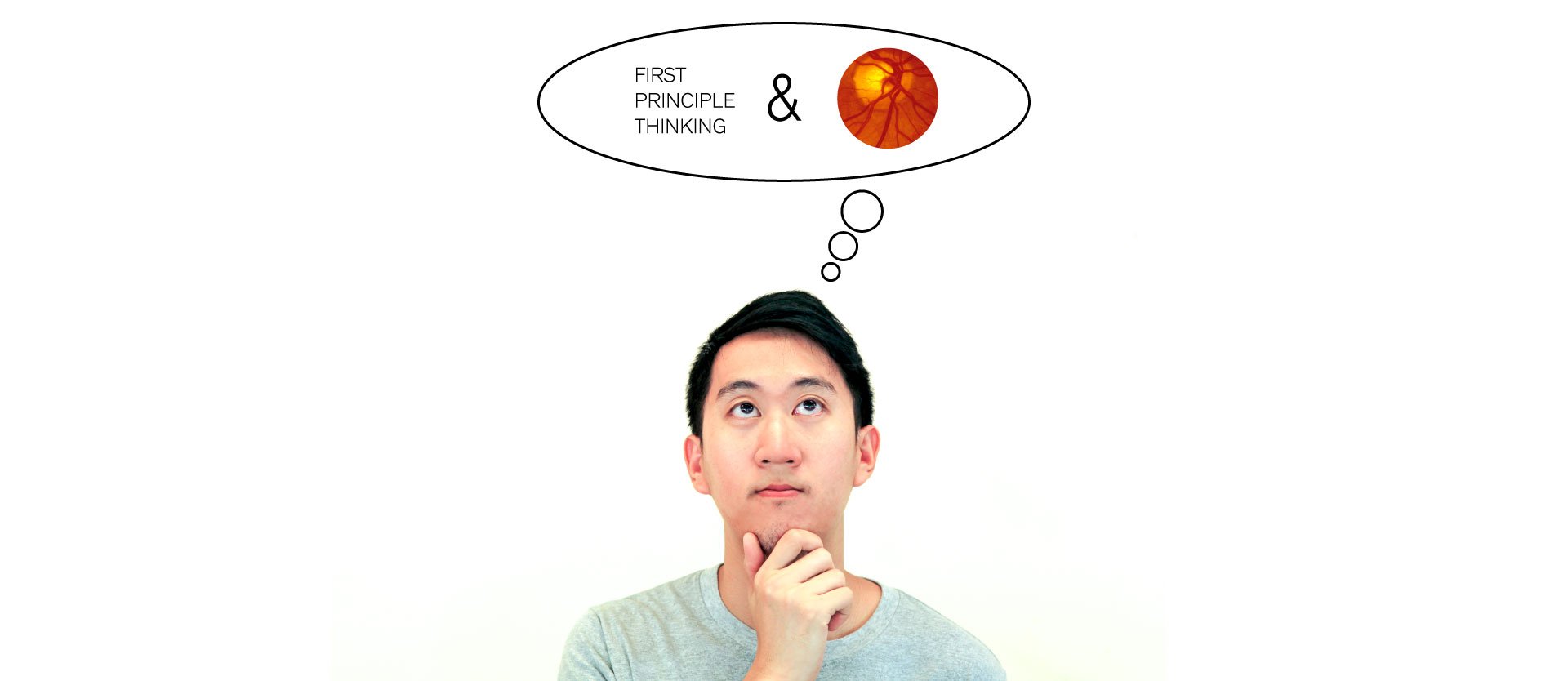 Person thinking about first principles thinking in ophthalmology, with a retina image in a thought bubble