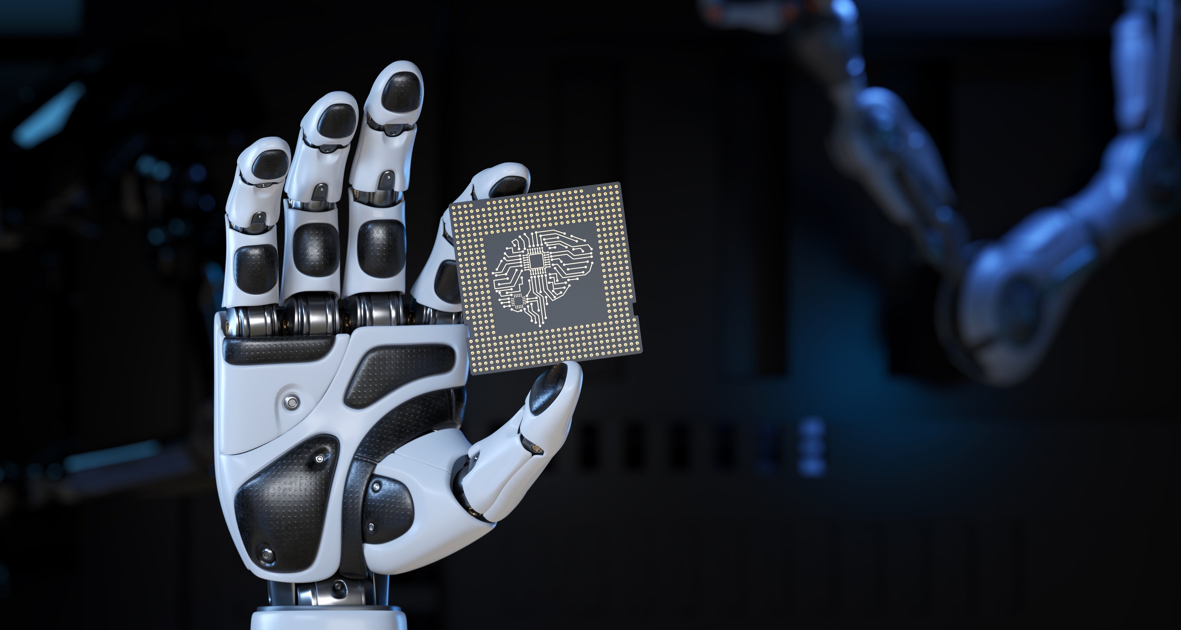 Robot's Hand Holding an Artificial Intelligence Computer Processor Unit. 3d illustration