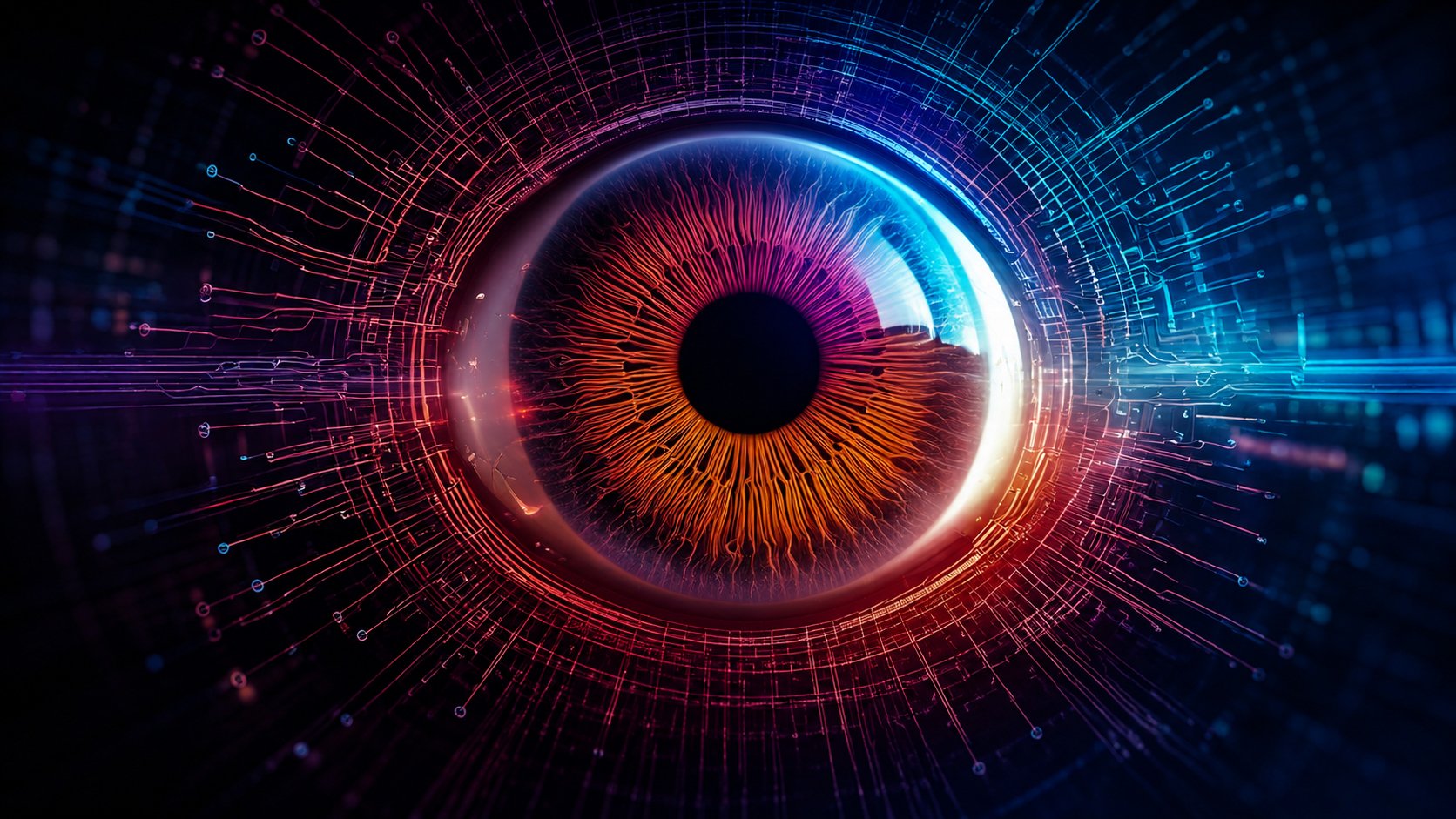 Digital eye illustration with circuit-like patterns, symbolising IoT, data and connected technology in retina surgery