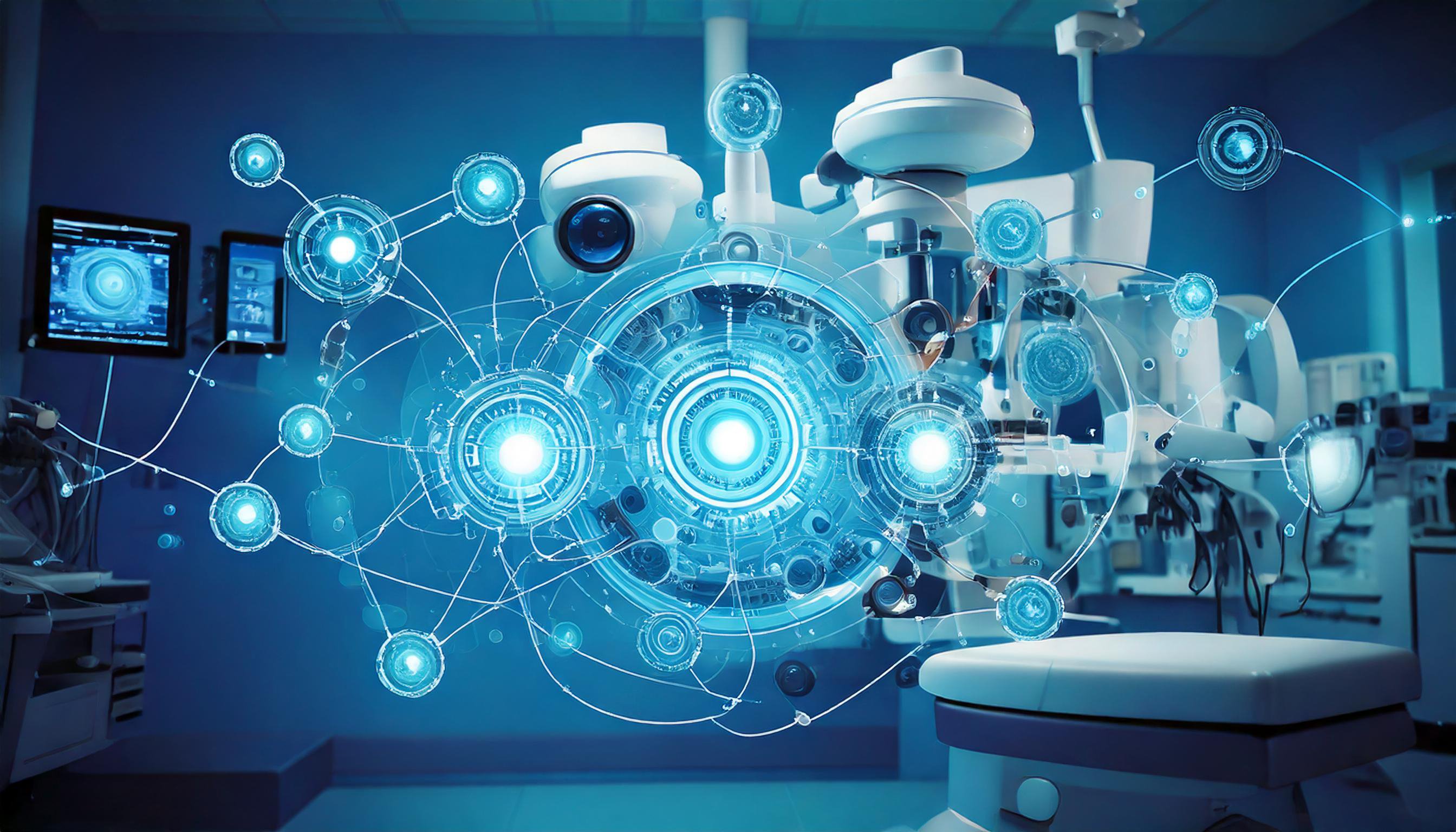 Ophthalmic surgical equipment in an operating room with a digital network overlay, symbolising connected devices in retina surgery