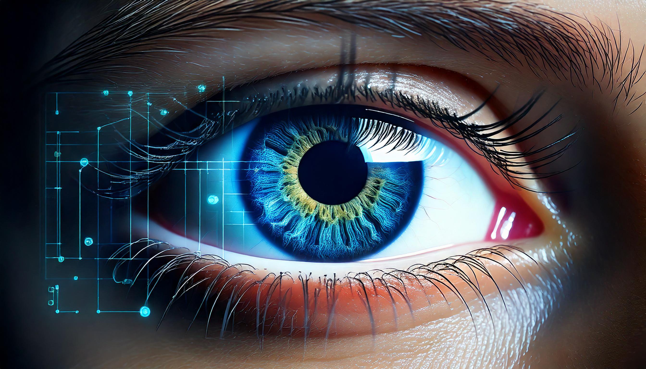 Close-up of a human eye with a digital data overlay, symbolising data-driven ophthalmology and connected retina surgery