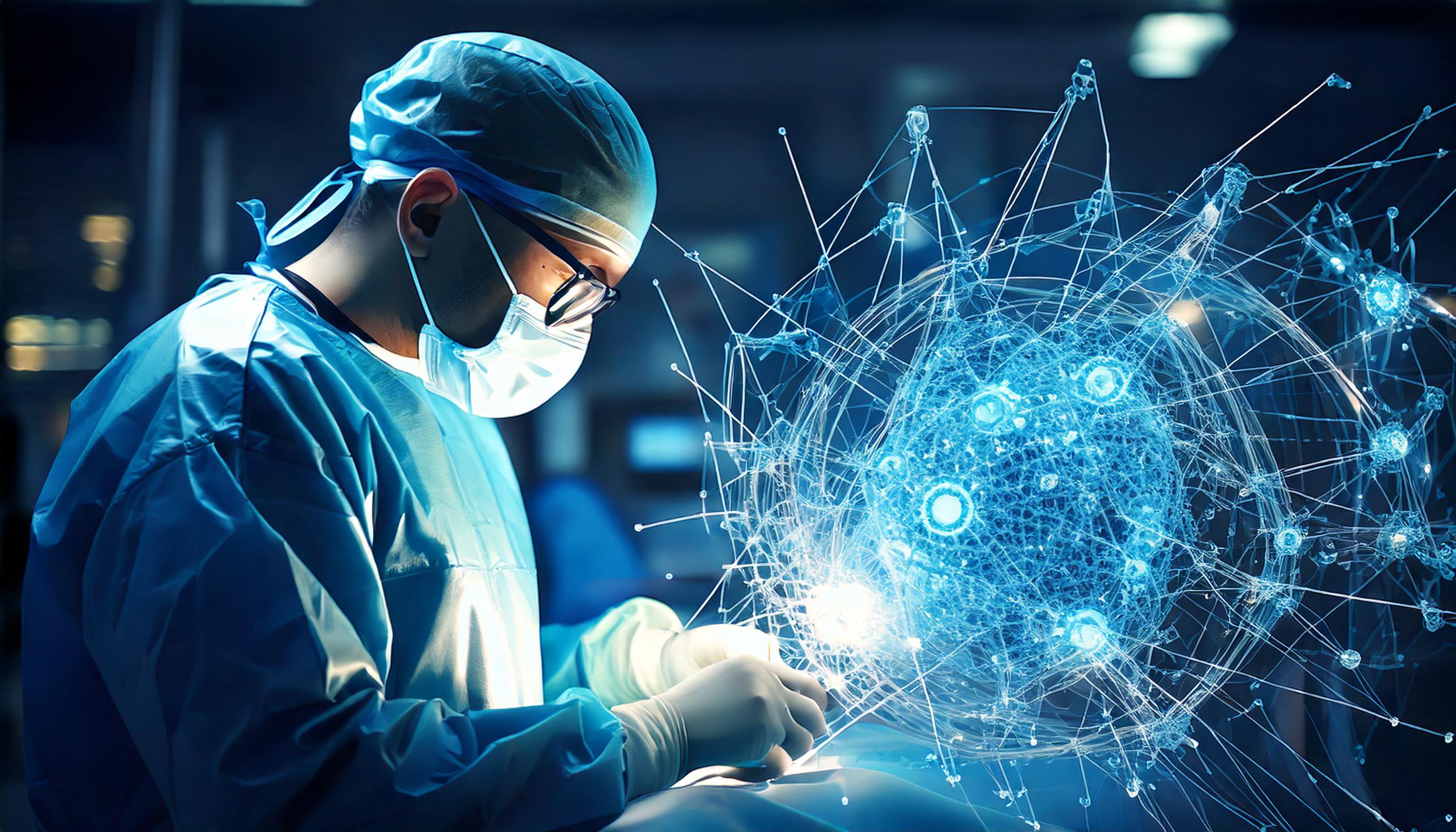 Surgeon in an operating room with a digital network graphic symbolising connected retina surgery and collaborative technology