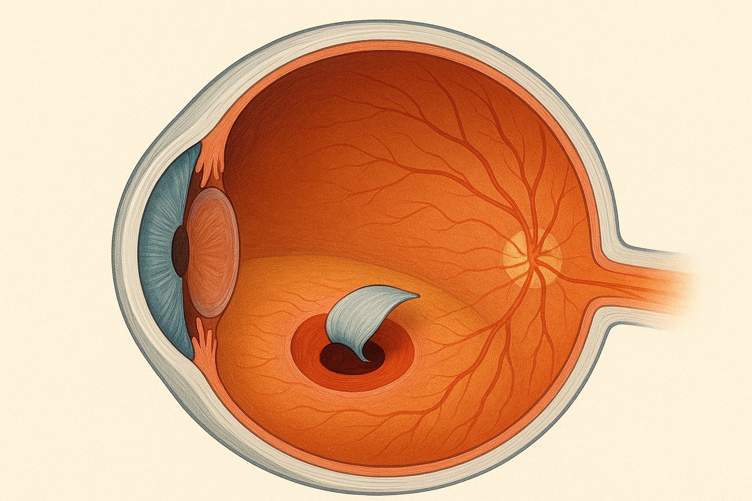 Illustration of a human eye cross-section with a macular hole in the retina