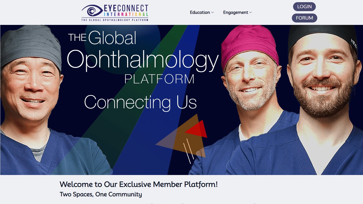 EyeConnect International landing page for a global ophthalmology platform with surgeons, navigation elements and member platform introduction