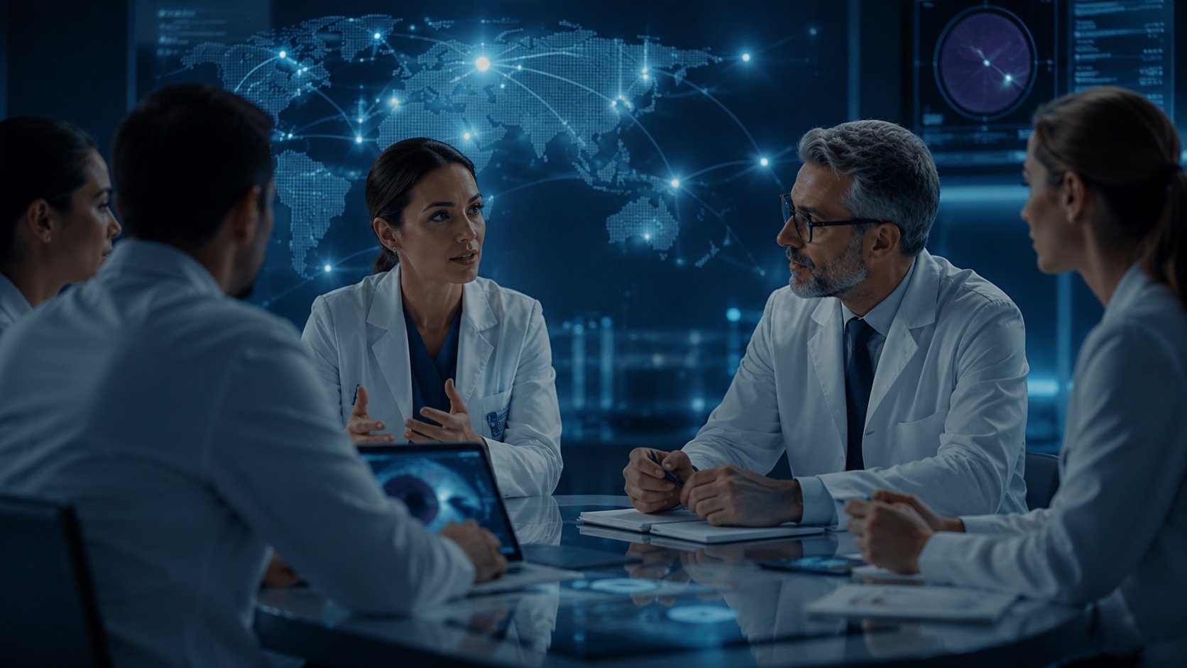 Medical professionals discussing global ophthalmic collaboration in front of a digital world map and clinical data screens