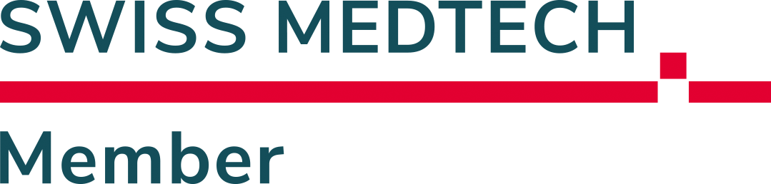 Swiss Medtech Member logo with teal wordmark and red line element