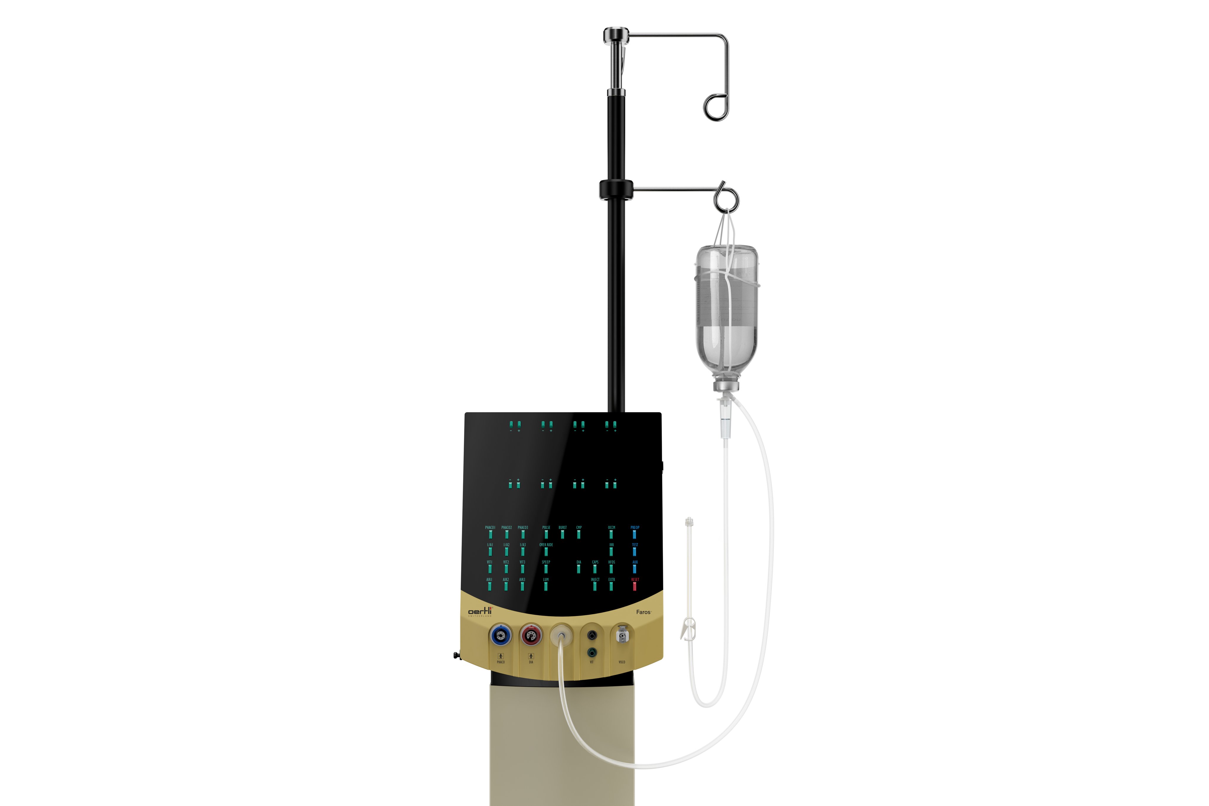 Faros ophthalmic surgical system with GFI pole and hanging infusion bottle