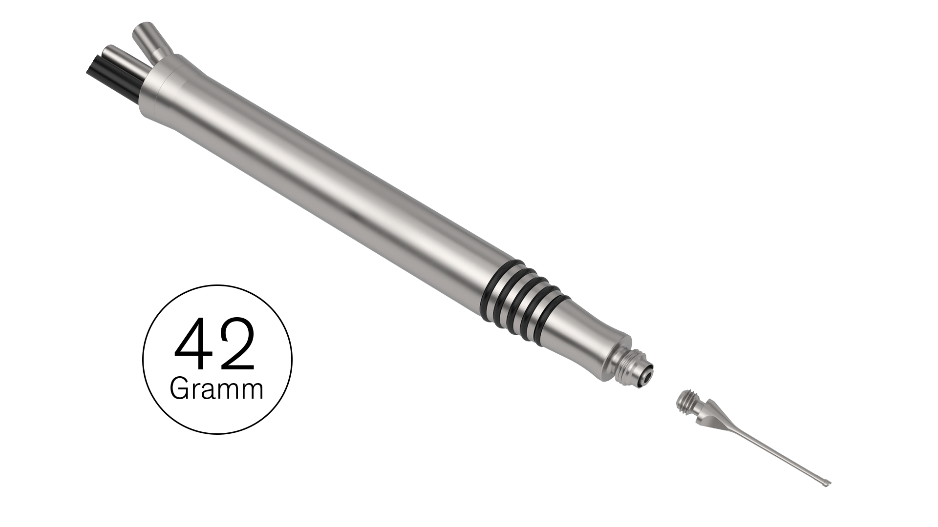 Phaco handpiece with detachable tip, lightweight design at 42 grams