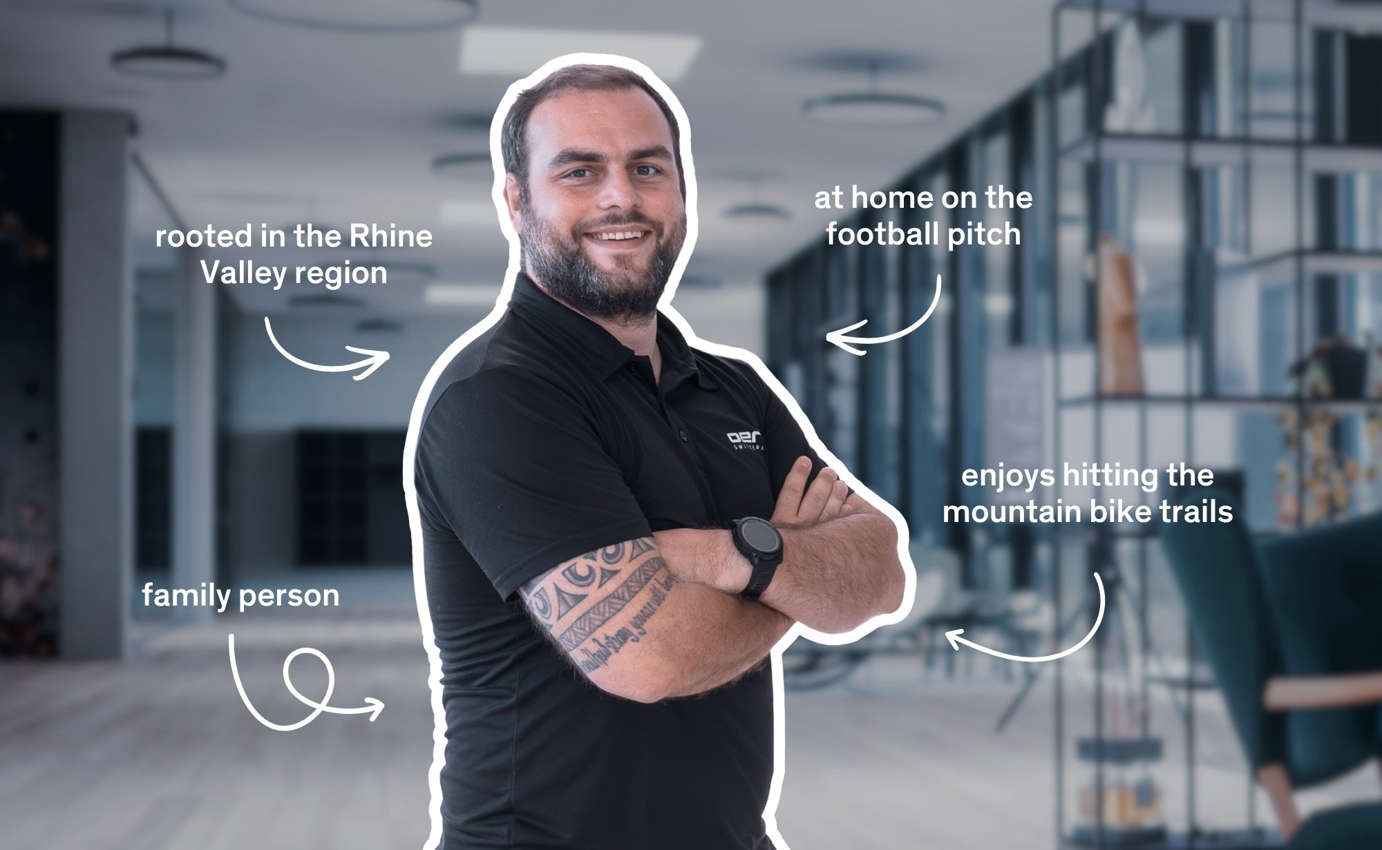 Portrait of a smiling Oertli employee in a hallway, surrounded by German notes about football, cycling, family and regional roots