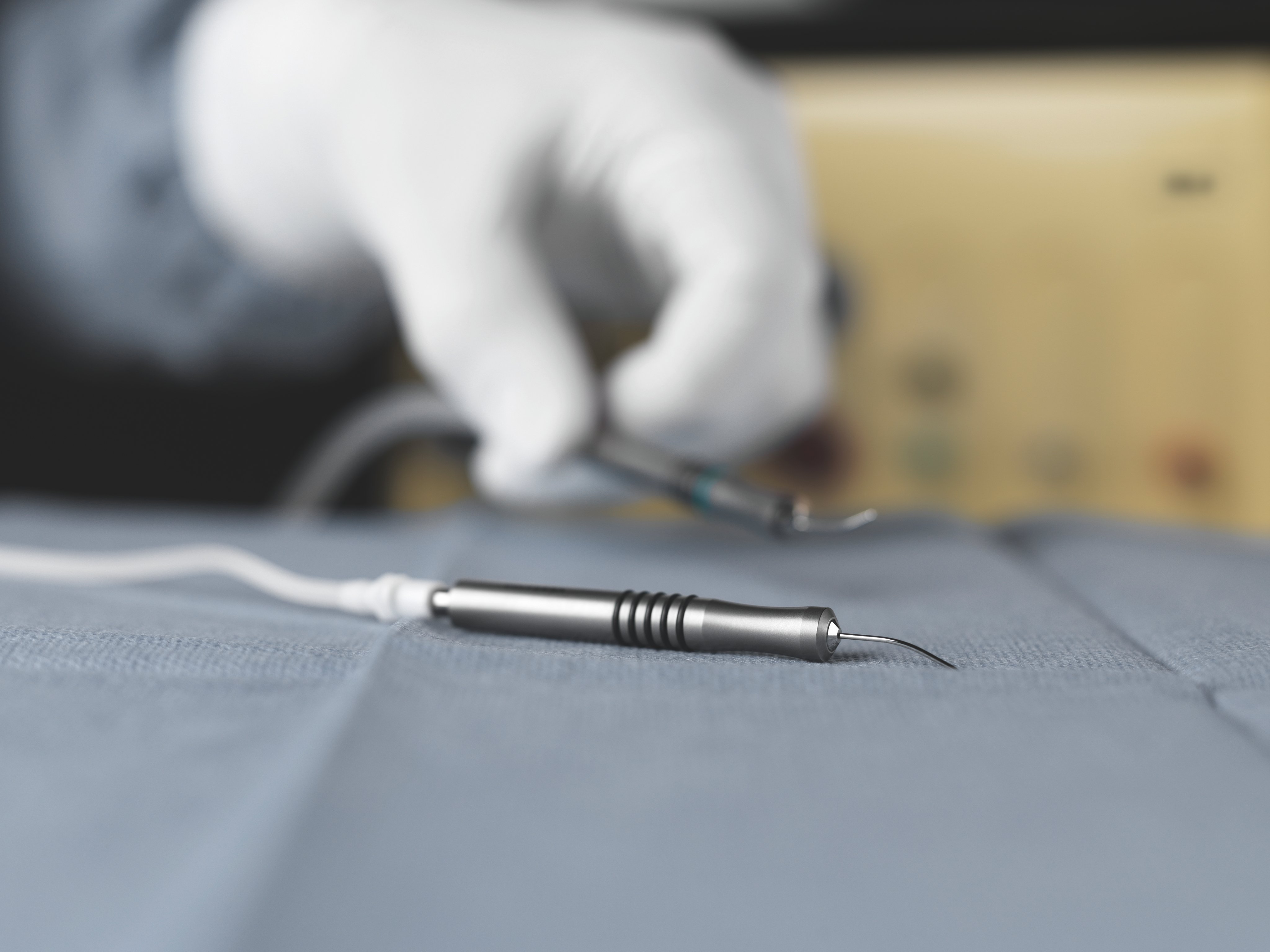Irrigation and aspiration handpiece prepared for ophthalmic surgery on a sterile operating table