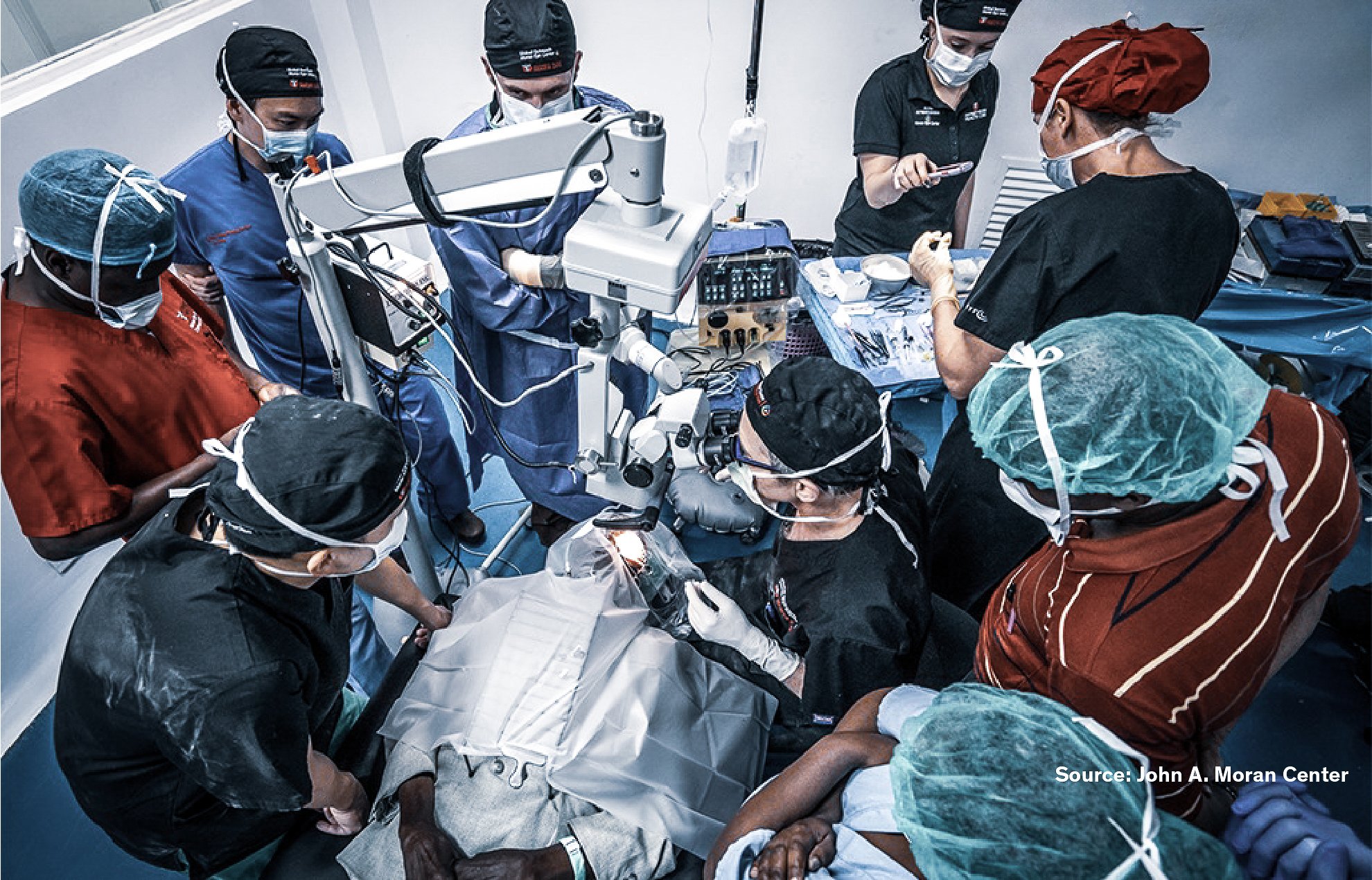 Medical professionals observing and assisting during an ophthalmic surgical procedure around an operating microscope in a crowded operating room.