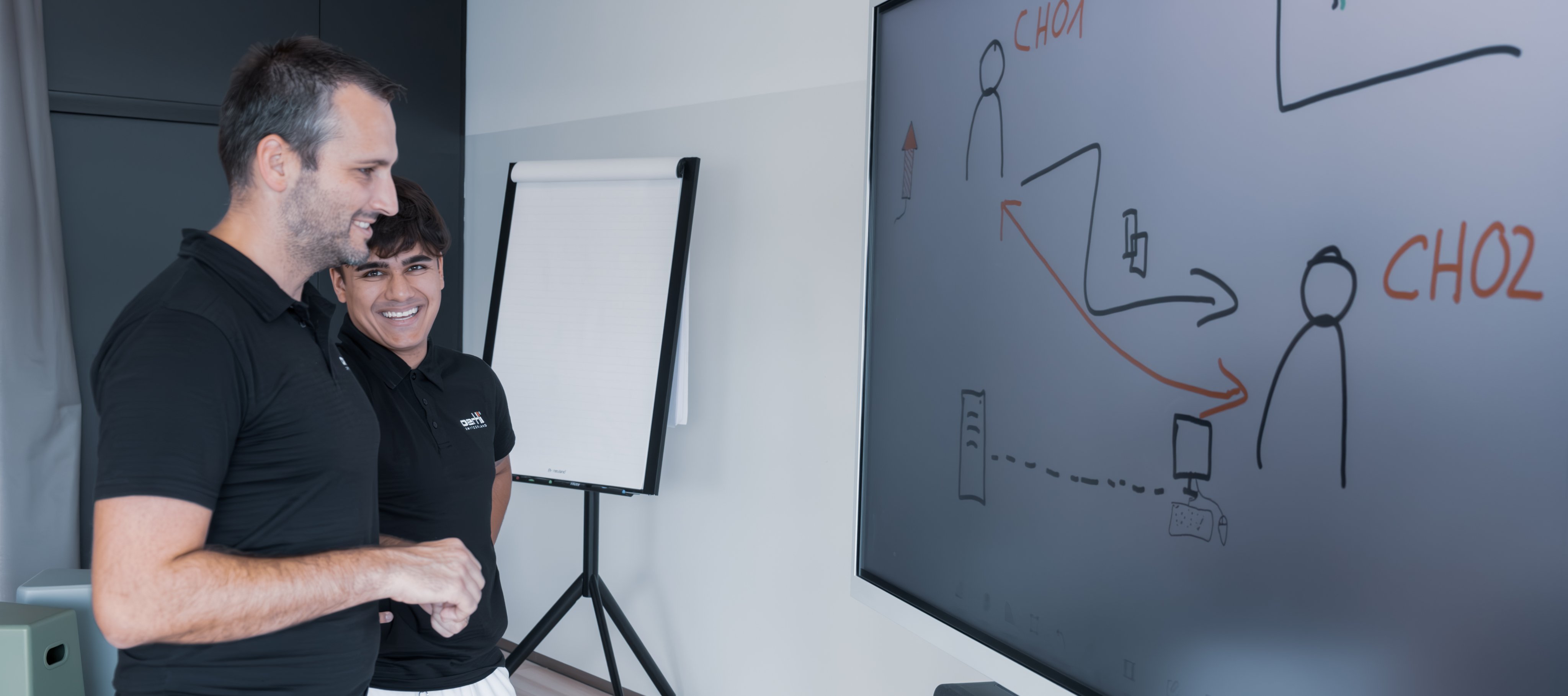Zwei Mitarbeitende aus dem IT Bereich diskutieren vor einem digitalen Whiteboard technische Prozesse und entwickeln gemeinsam Lösungsansätze