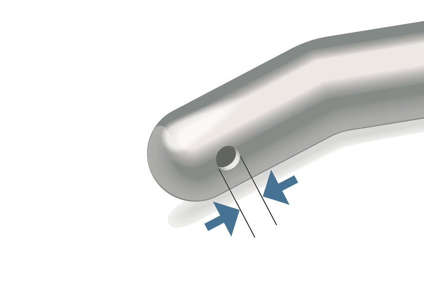 Technical illustration of an ophthalmic quick tip instrument showing the position of the aspiration opening near the rounded tip design