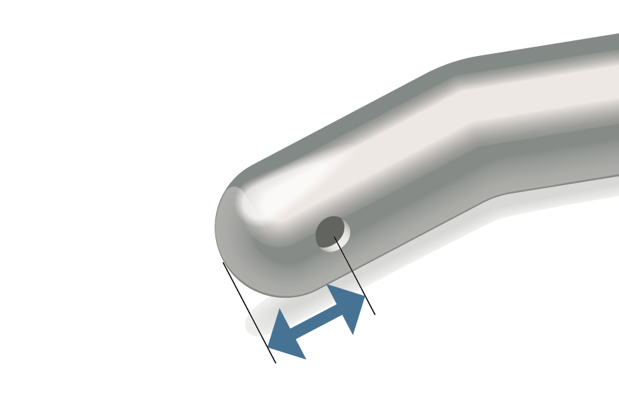 Technical illustration of an ophthalmic quick tip instrument highlighting the distance between the rounded atraumatic tip and the aspiration opening