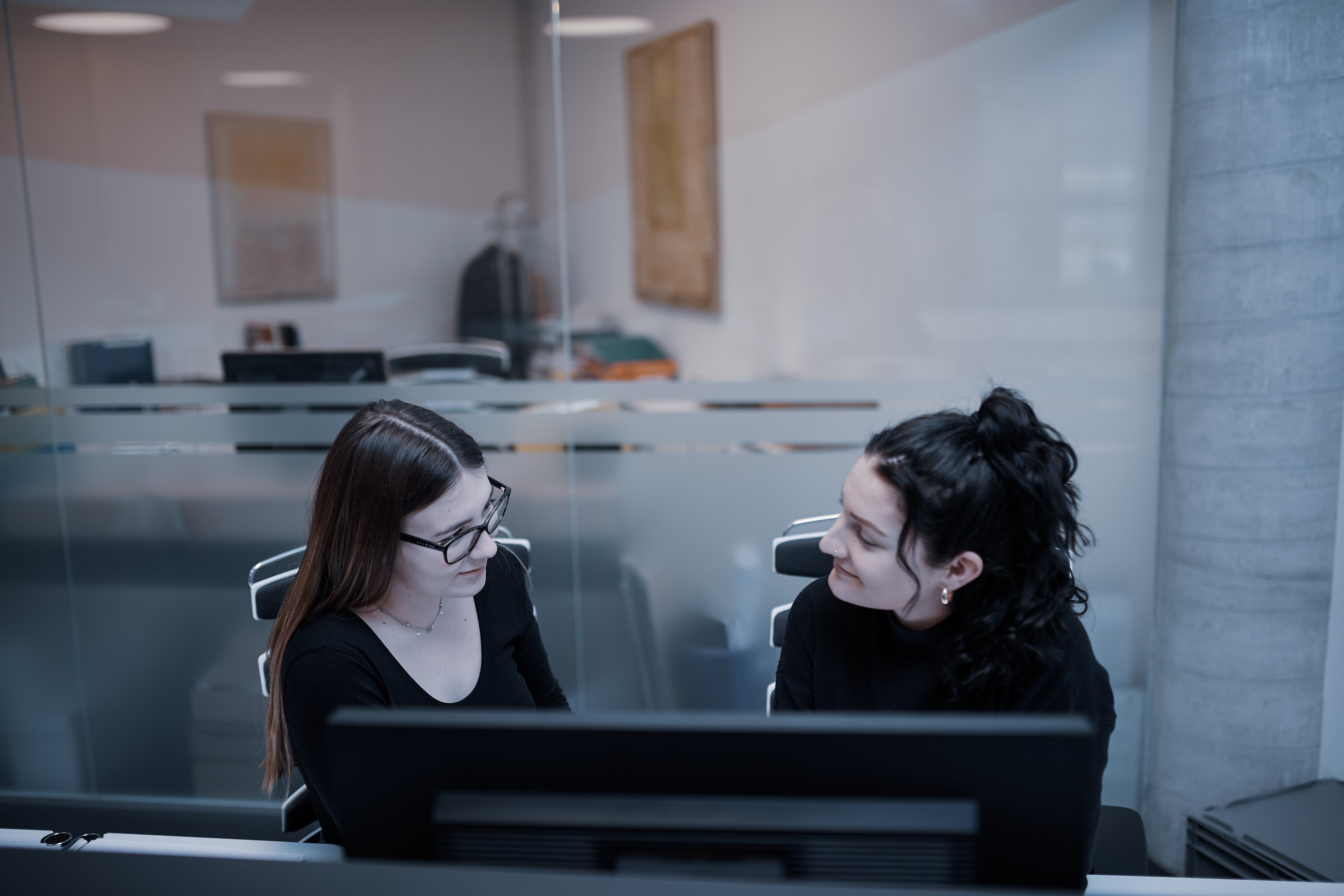 Apprentice and colleague having a conversation at a workstation in a modern office environment