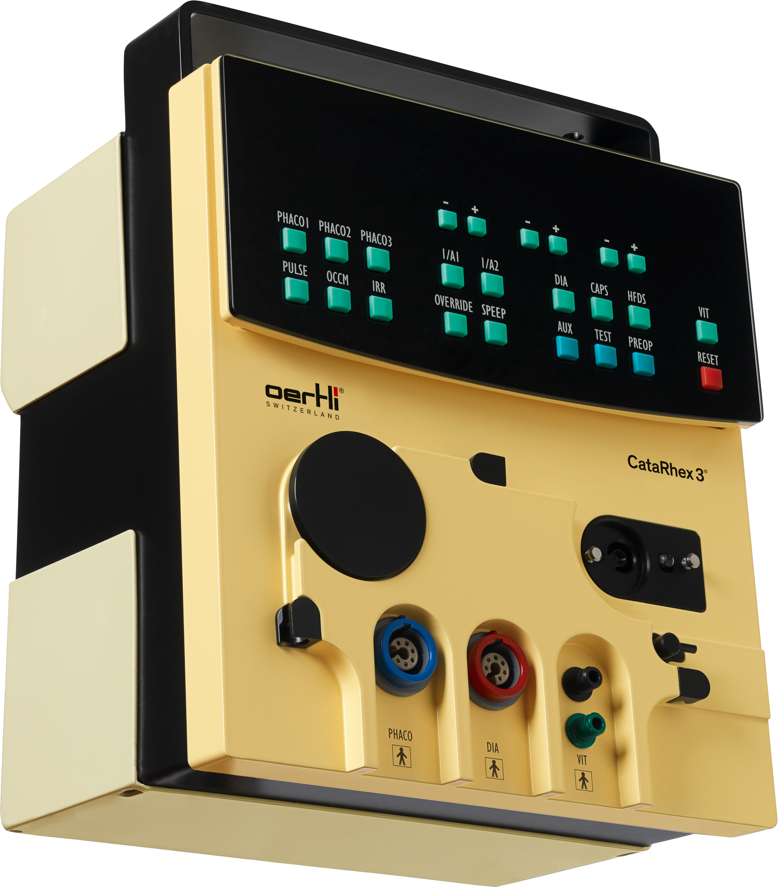 Low angle product rendering of the Oertli CataRhex 3 cataract surgery system showing the control panel and front connection ports