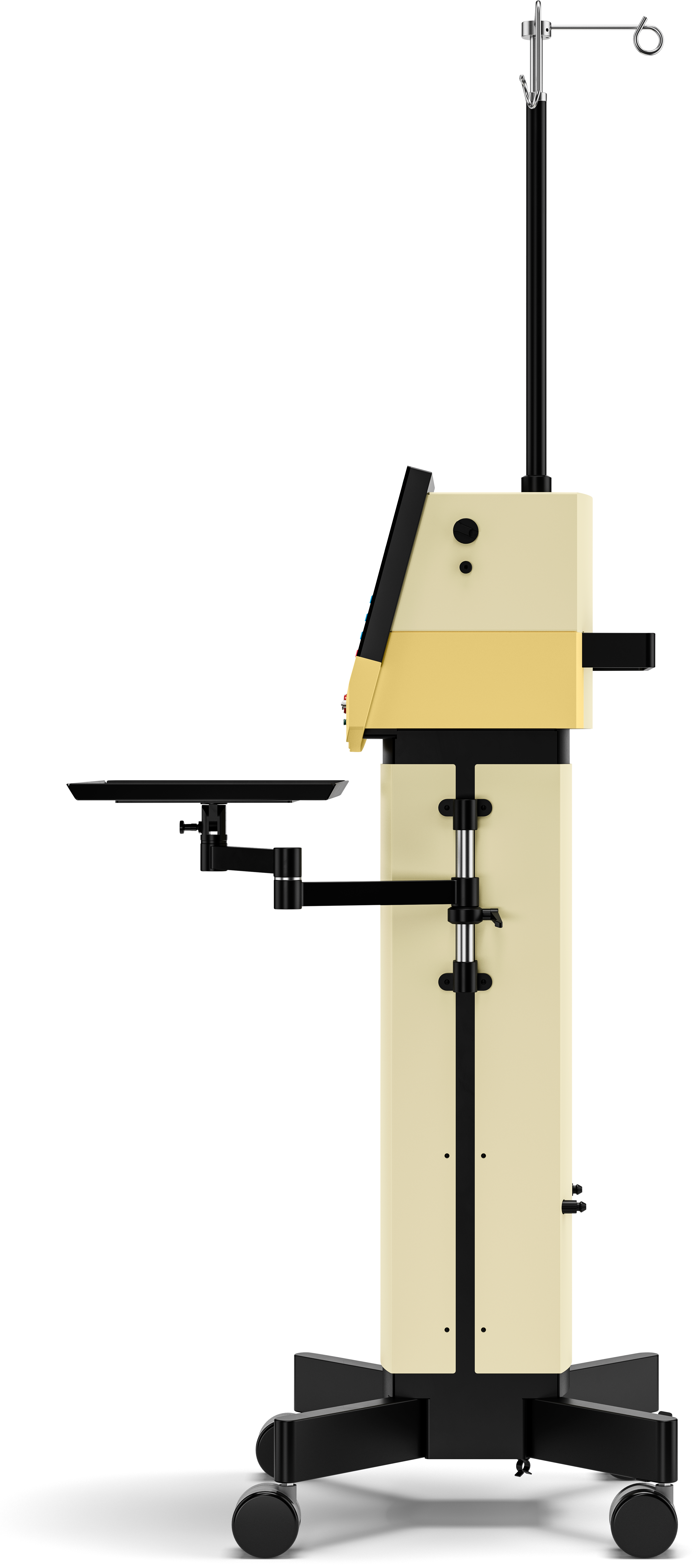 Right-side view of the Faros surgical system showing control unit housing, connections, and infusion pole