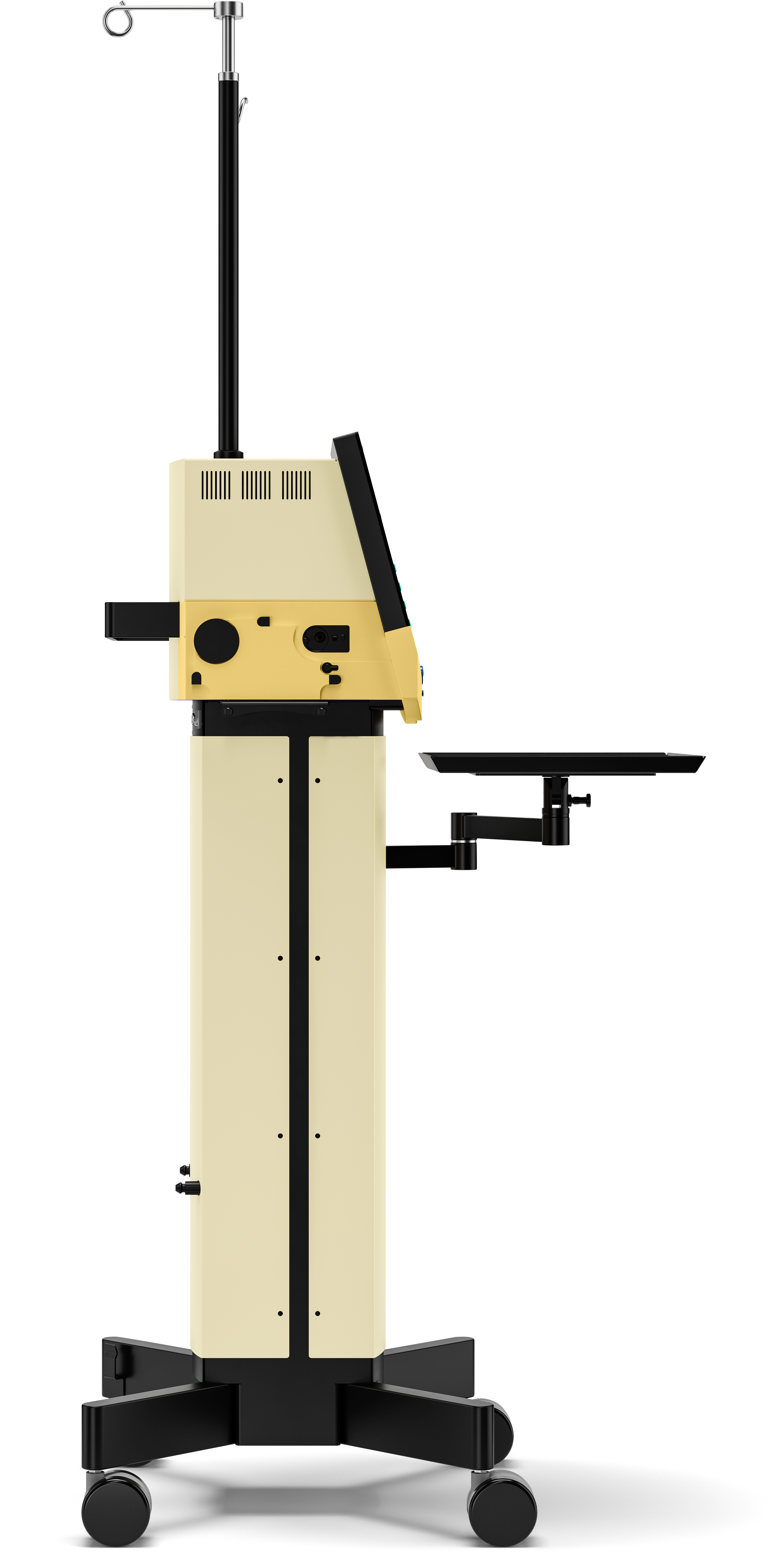 Faros anterior surgical platform shown from the left side with extended infusion pole and equipment tray