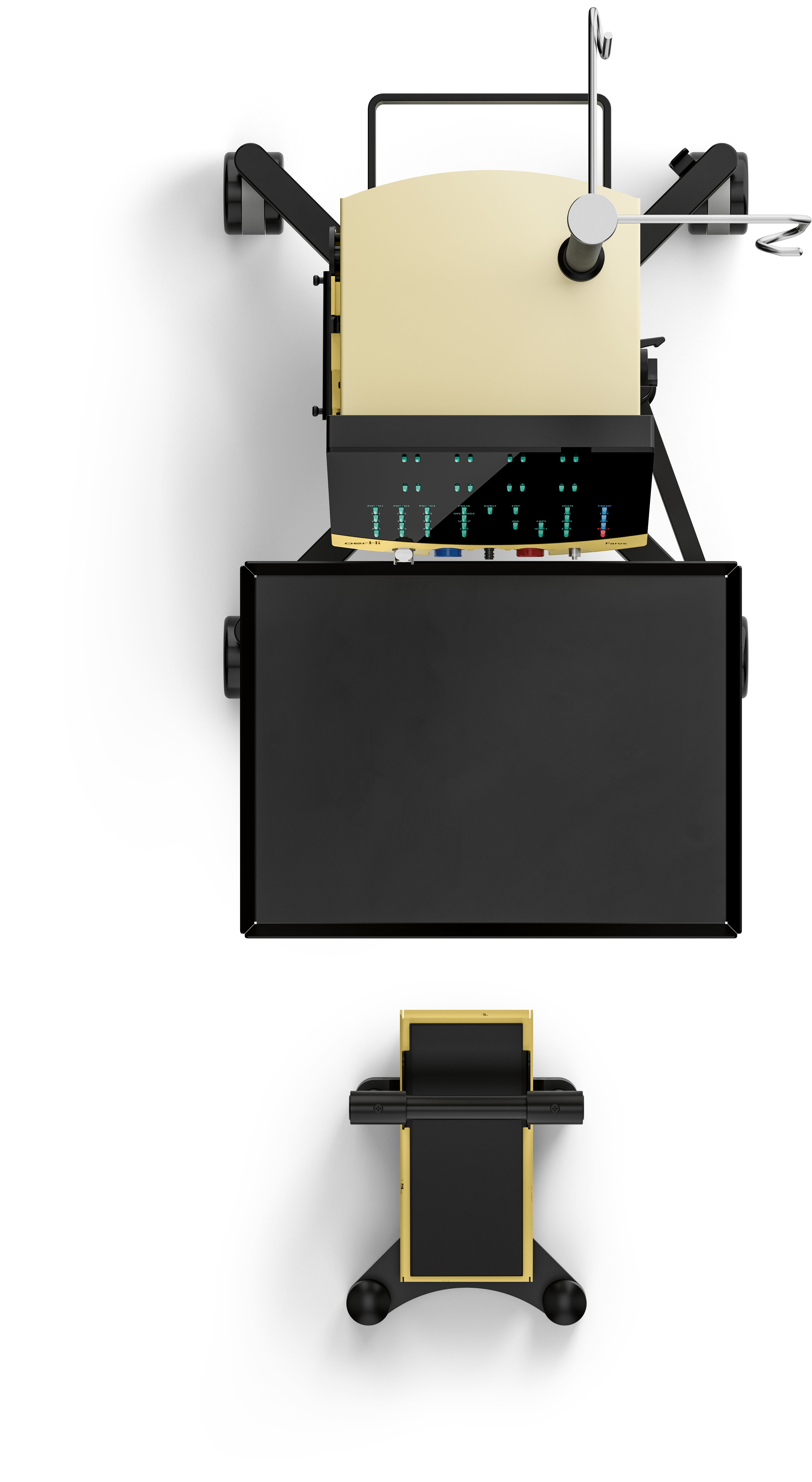 Top view of the Faros ophthalmic surgical system with instrument table and foot pedal