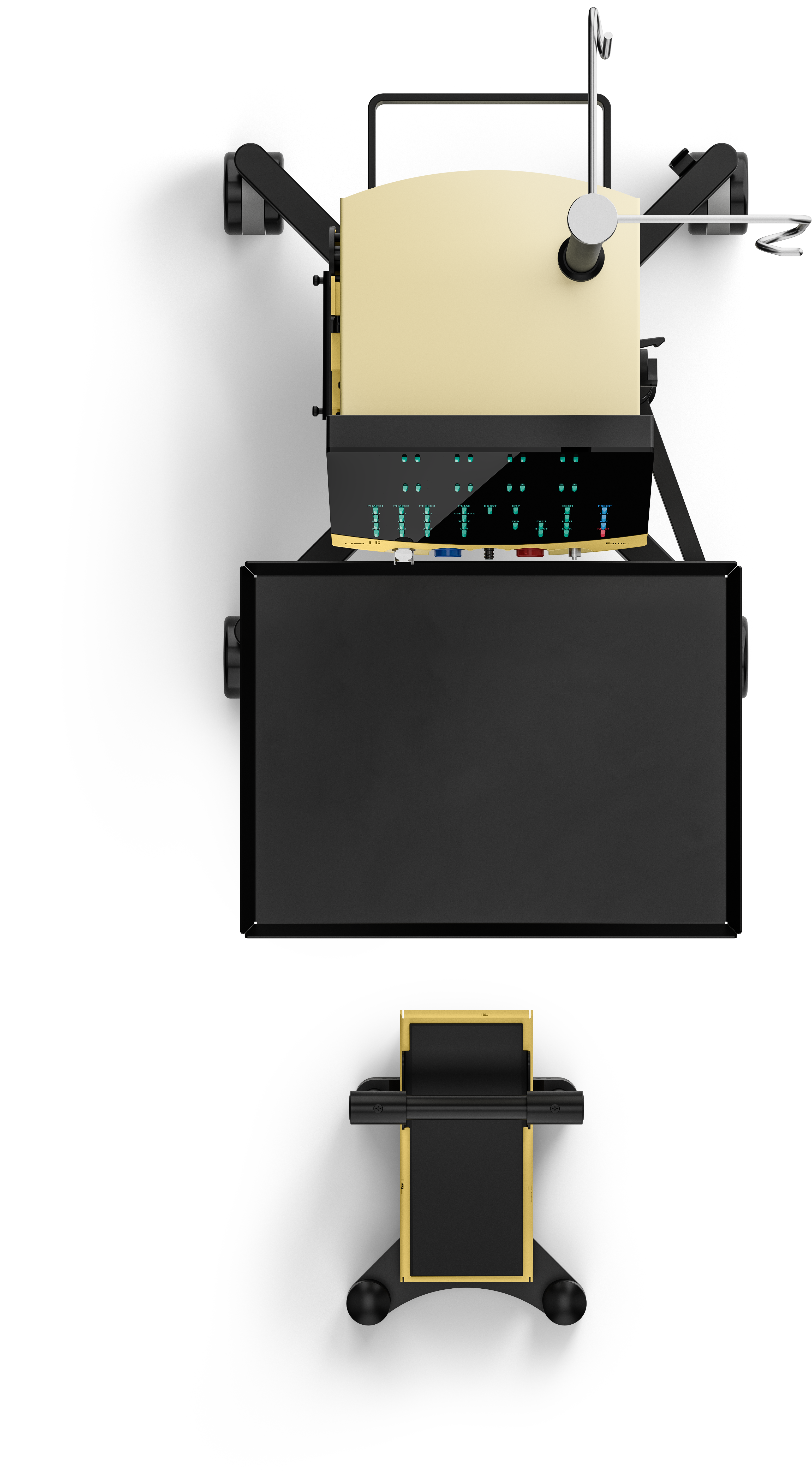Top view of the Faros ophthalmic surgical system with instrument table and foot pedal