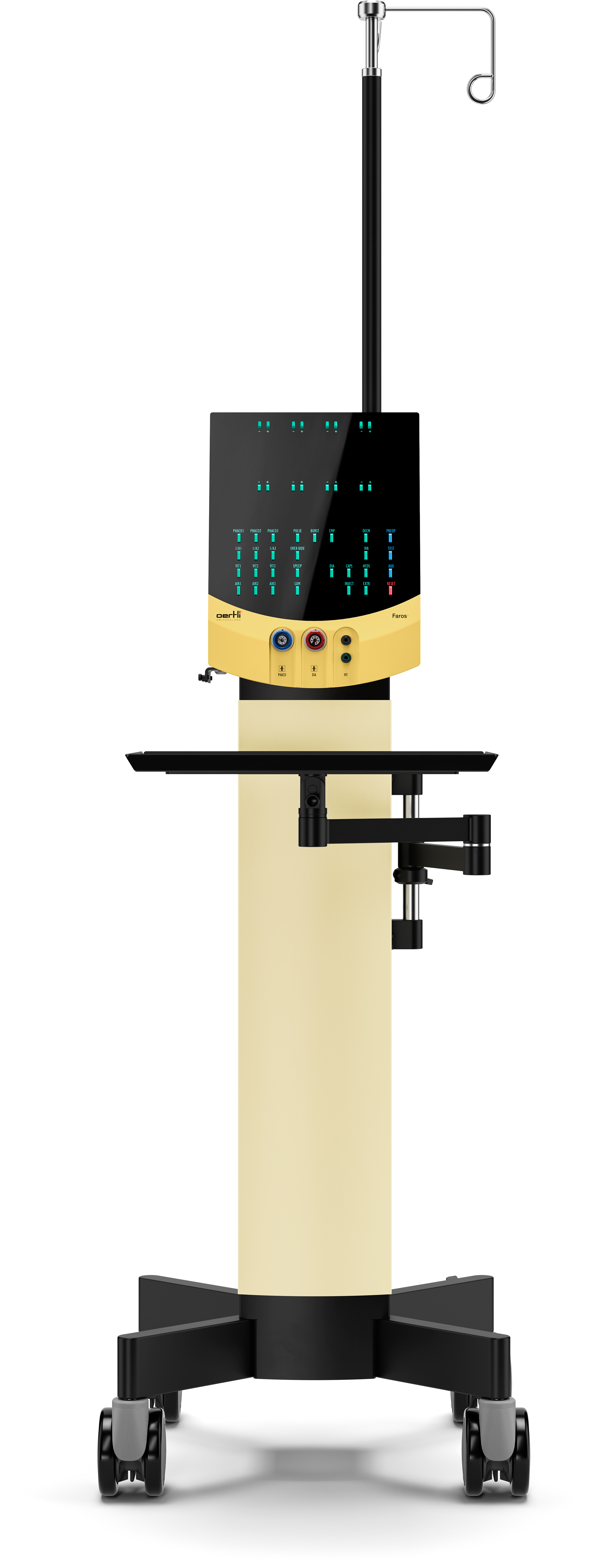 Faros surgical system showing control unit housing, connections, and infusion pole