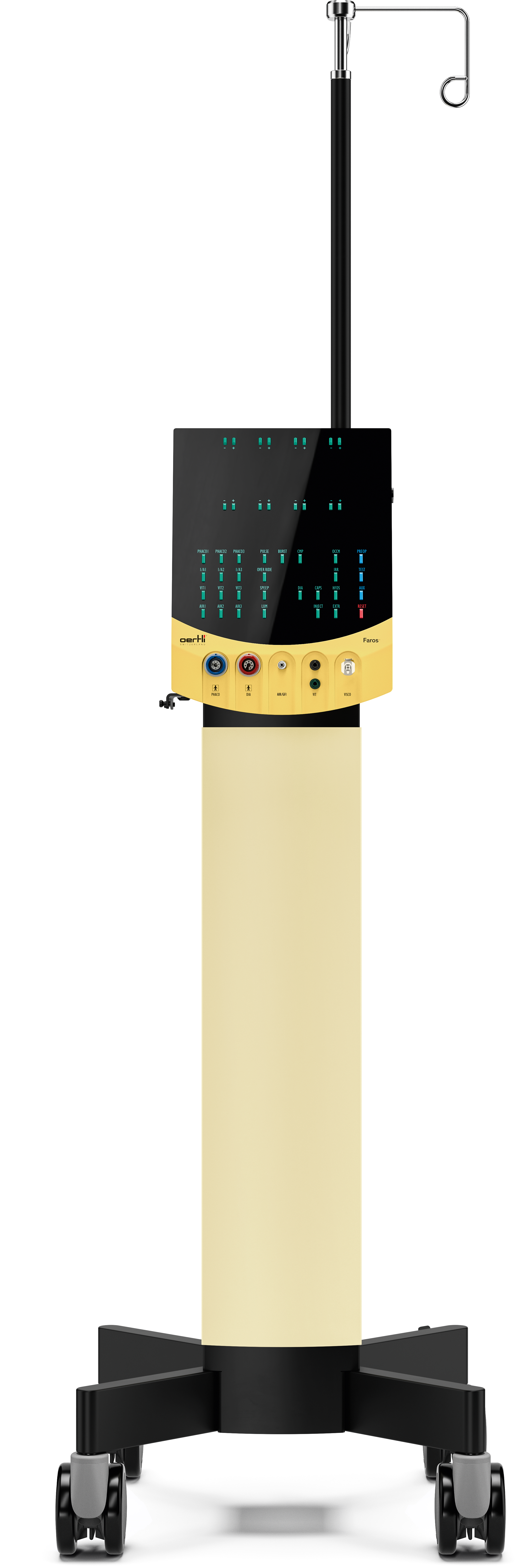 Front view of the Faros surgical system showing control panel, connection ports, and infusion pole