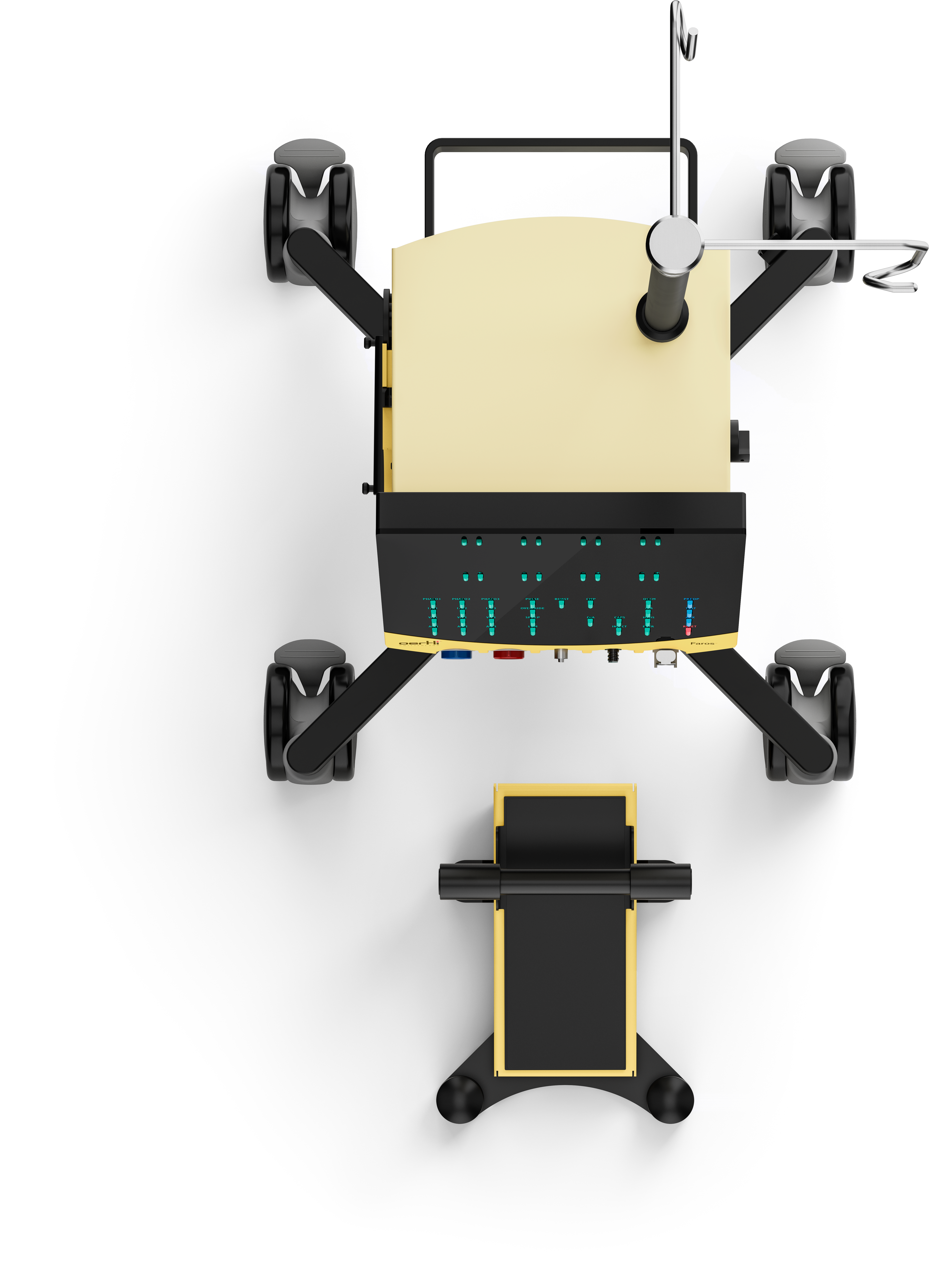 Top view of the Faros ophthalmic surgical system with instrument table and foot pedal