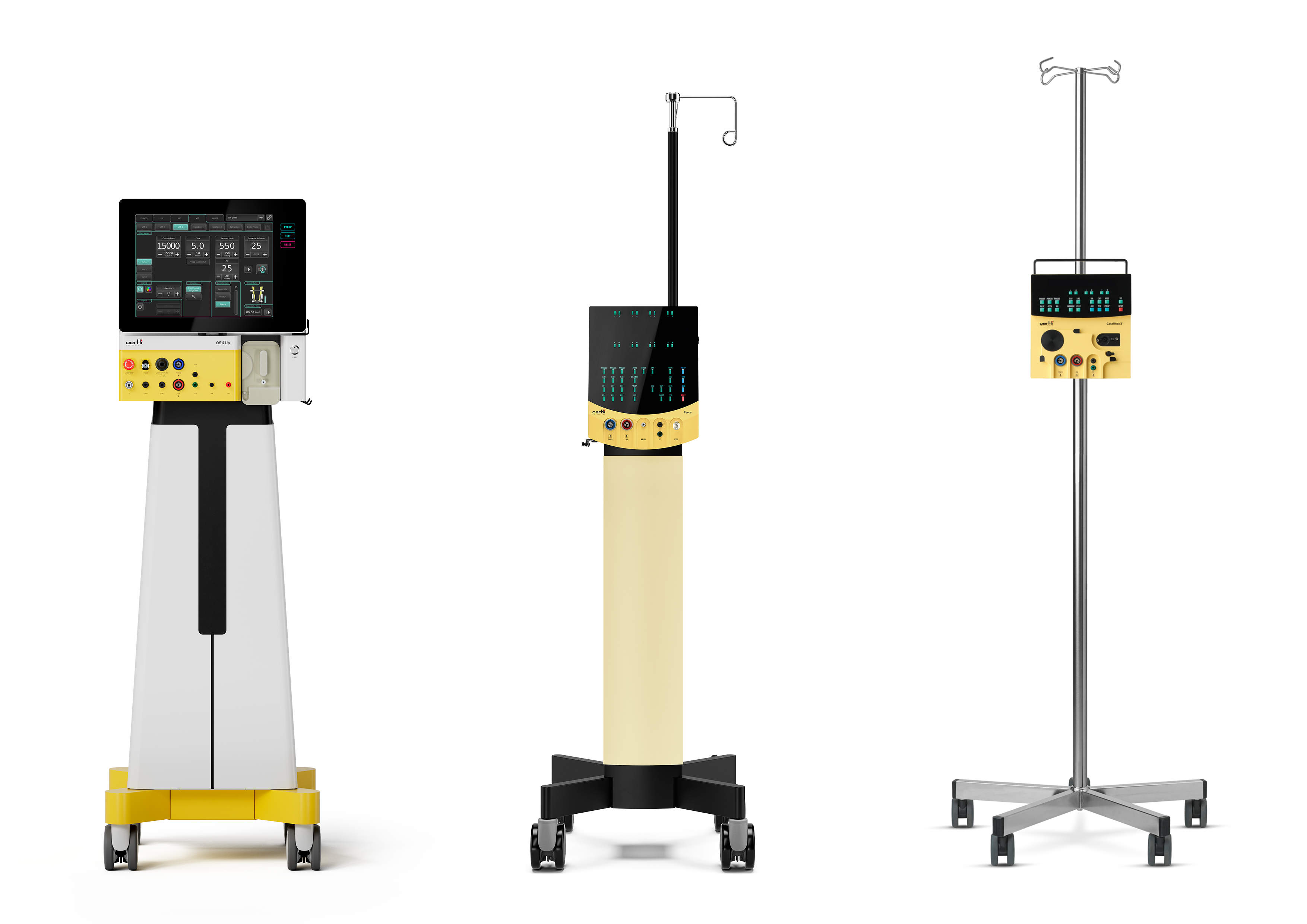 OS 4 Up, Faros and CataRhex 3 surgical platforms shown side by side as part of the Oertli platform strategy