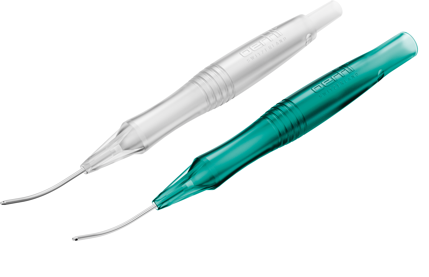 Single use ophthalmic bimanual I/A instrument set with transparent and turquoise handles