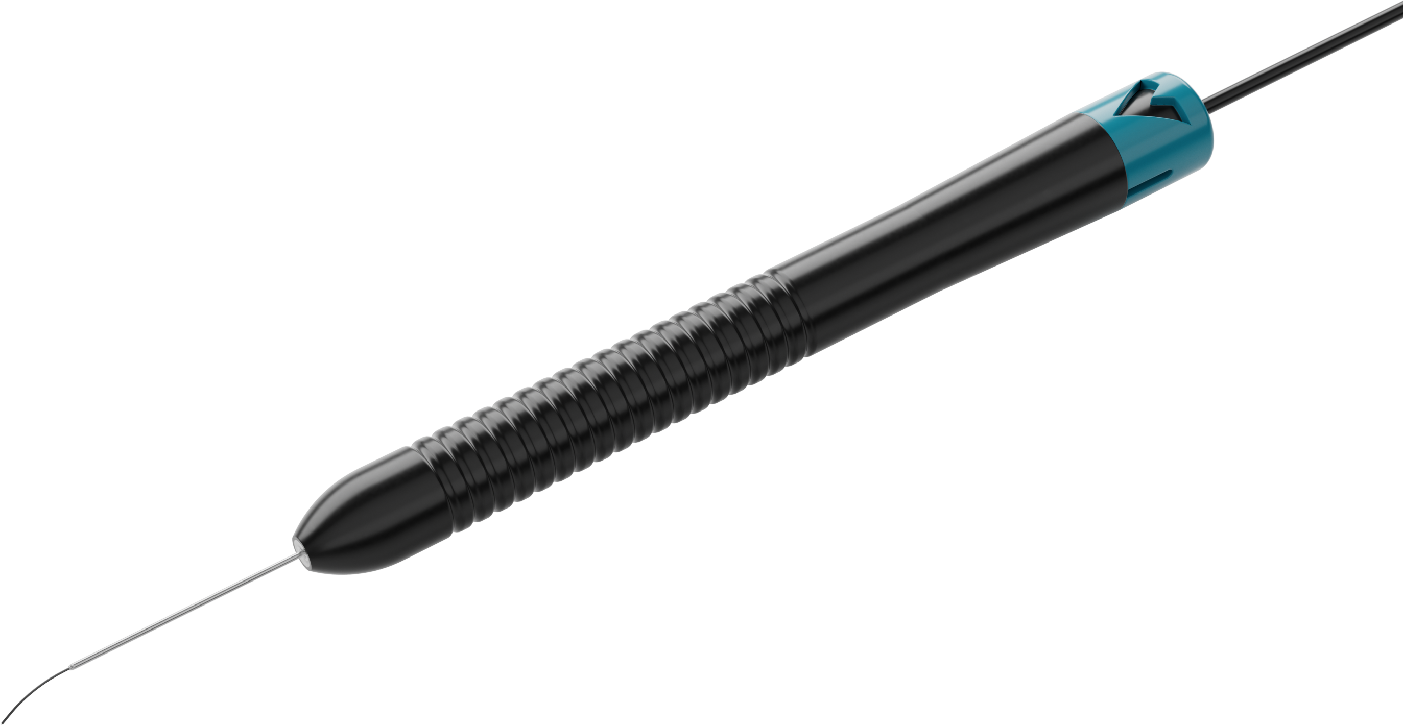 25G flex tip laser probe with handpiece, connector and curved distal fibre tip