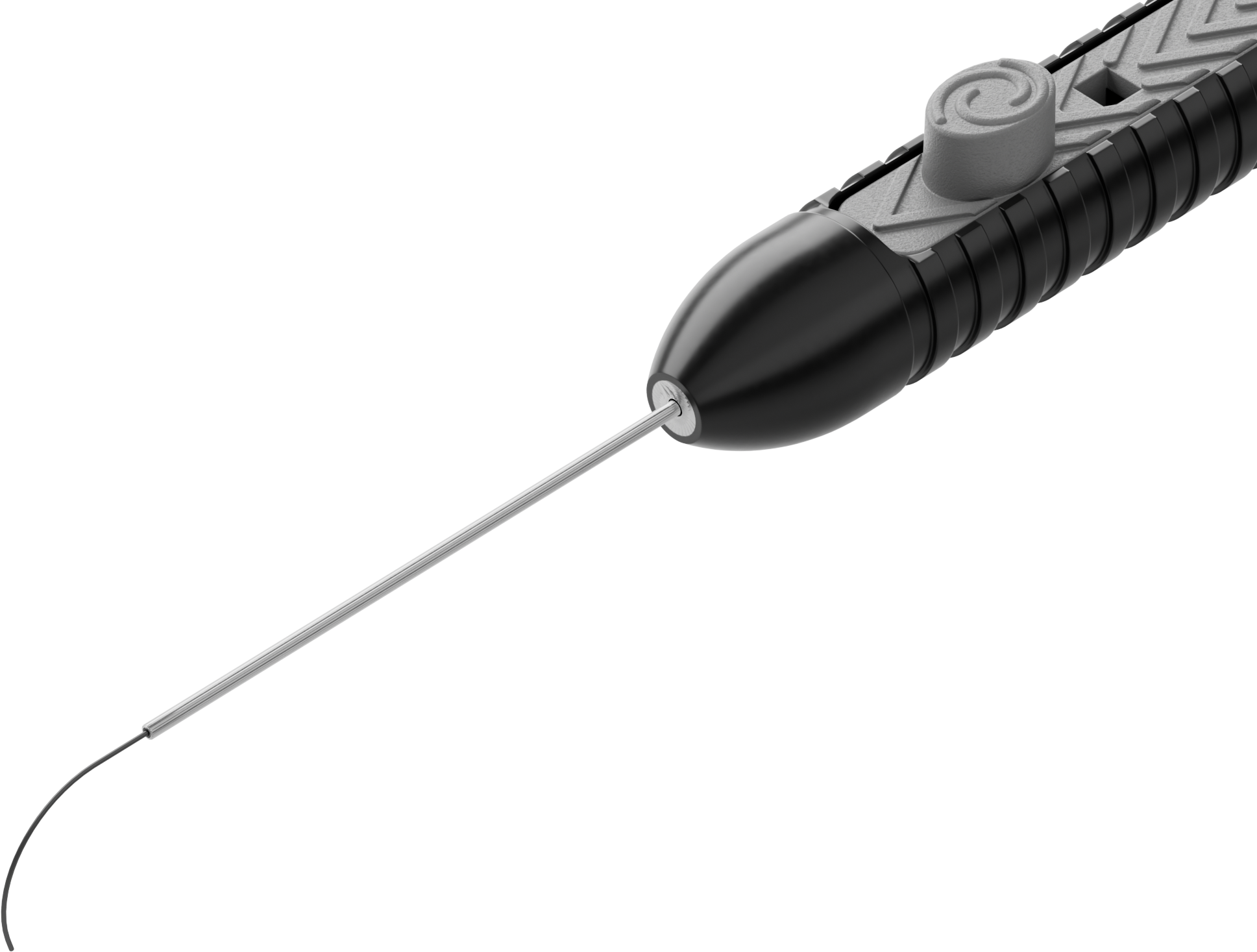Intuitive Extendable 23G laser probe with handpiece, metal shaft and curved extendable laser fibre tip