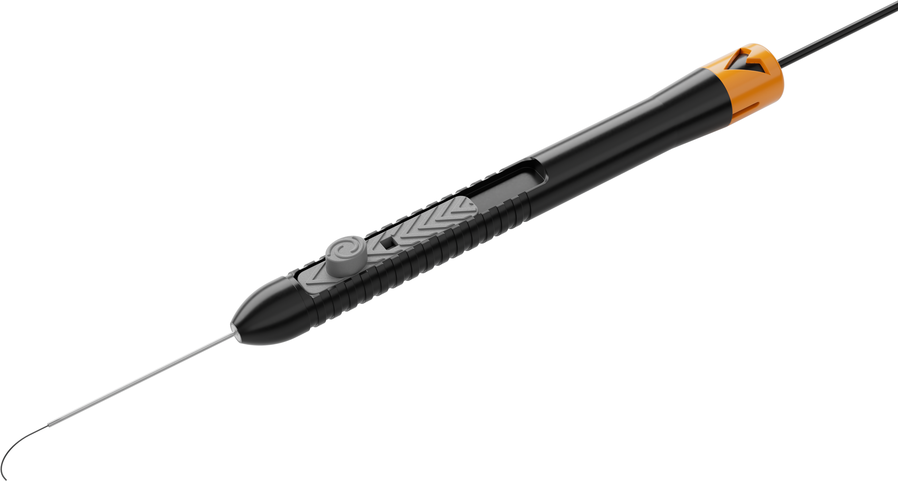 Extendable ophthalmic laser probe with ergonomic black and orange handle and curved tip