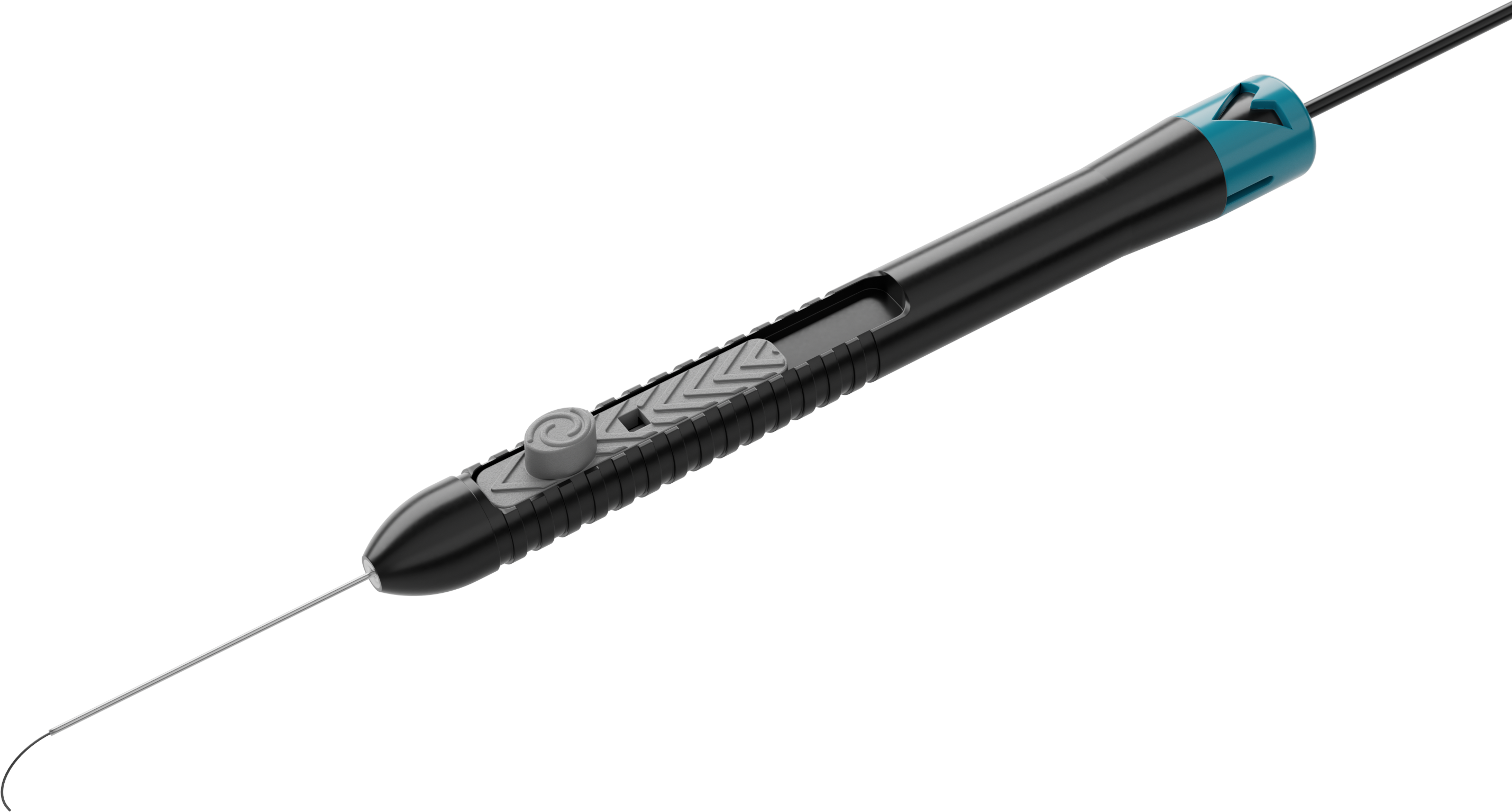 Extendable ophthalmic laser probe with ergonomic black and blue handle and curved tip
