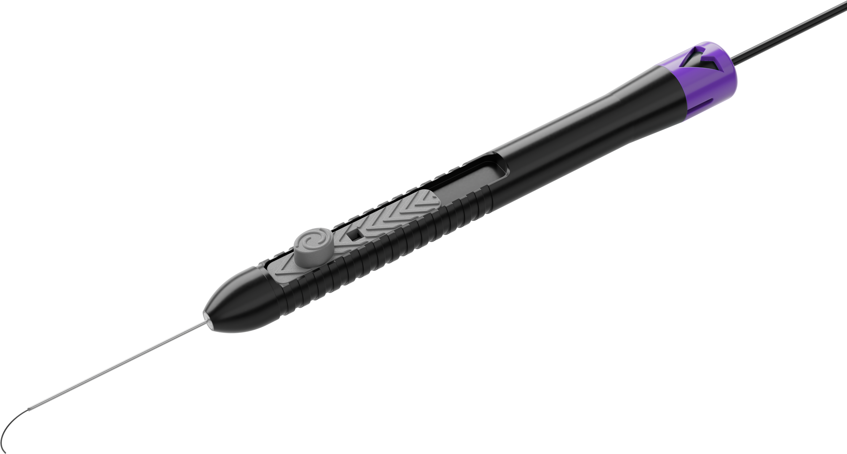 Extendable ophthalmic laser probe with ergonomic black and purple handle and fine curved tip