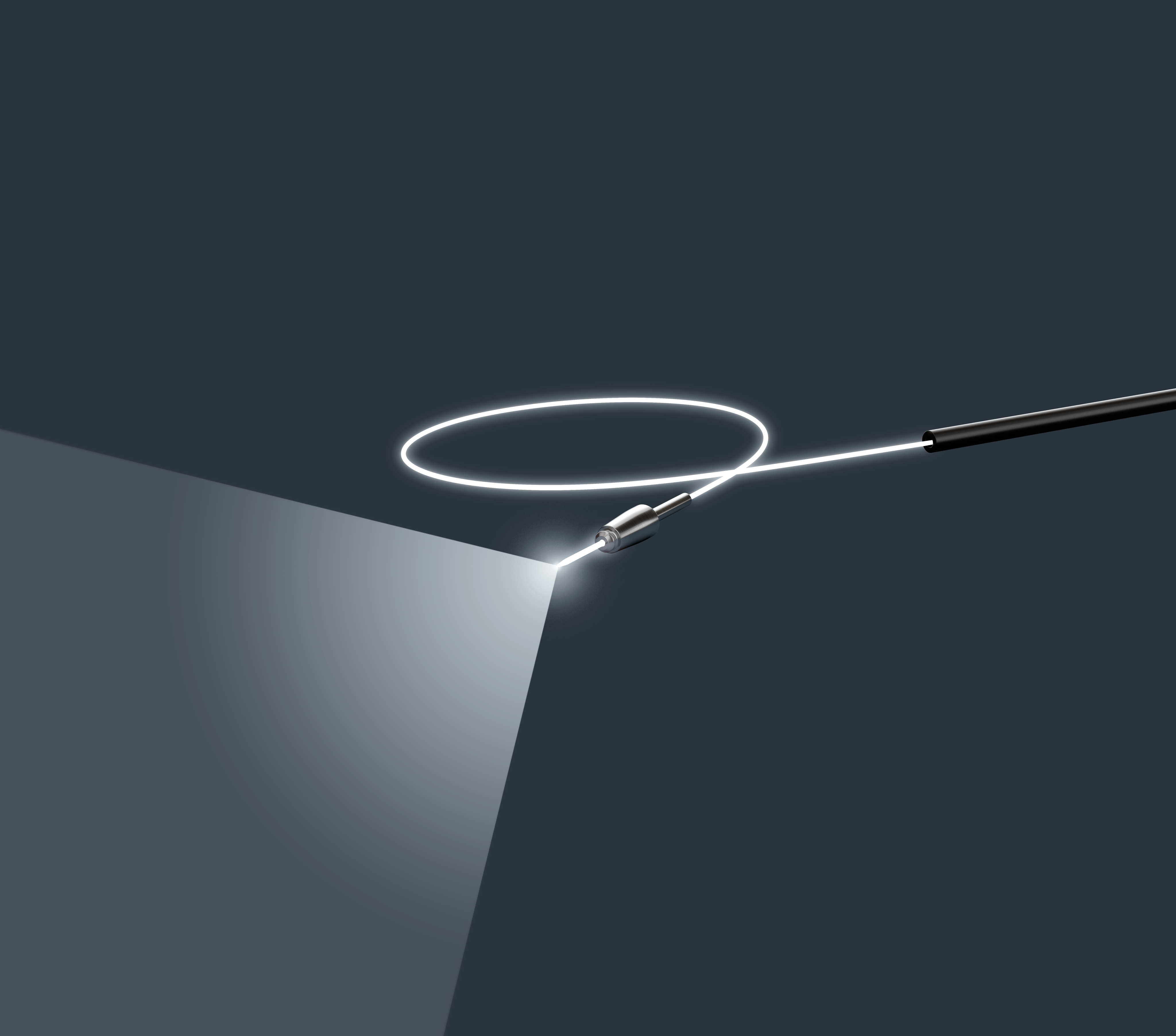 Close-up of a flexible chandelier light probe emitting illumination for intraocular use