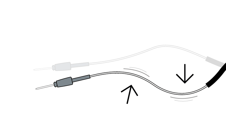 Technical graphic showing a flexible chandelier fibre bending into position with directional arrows indicating movement and flexibility.