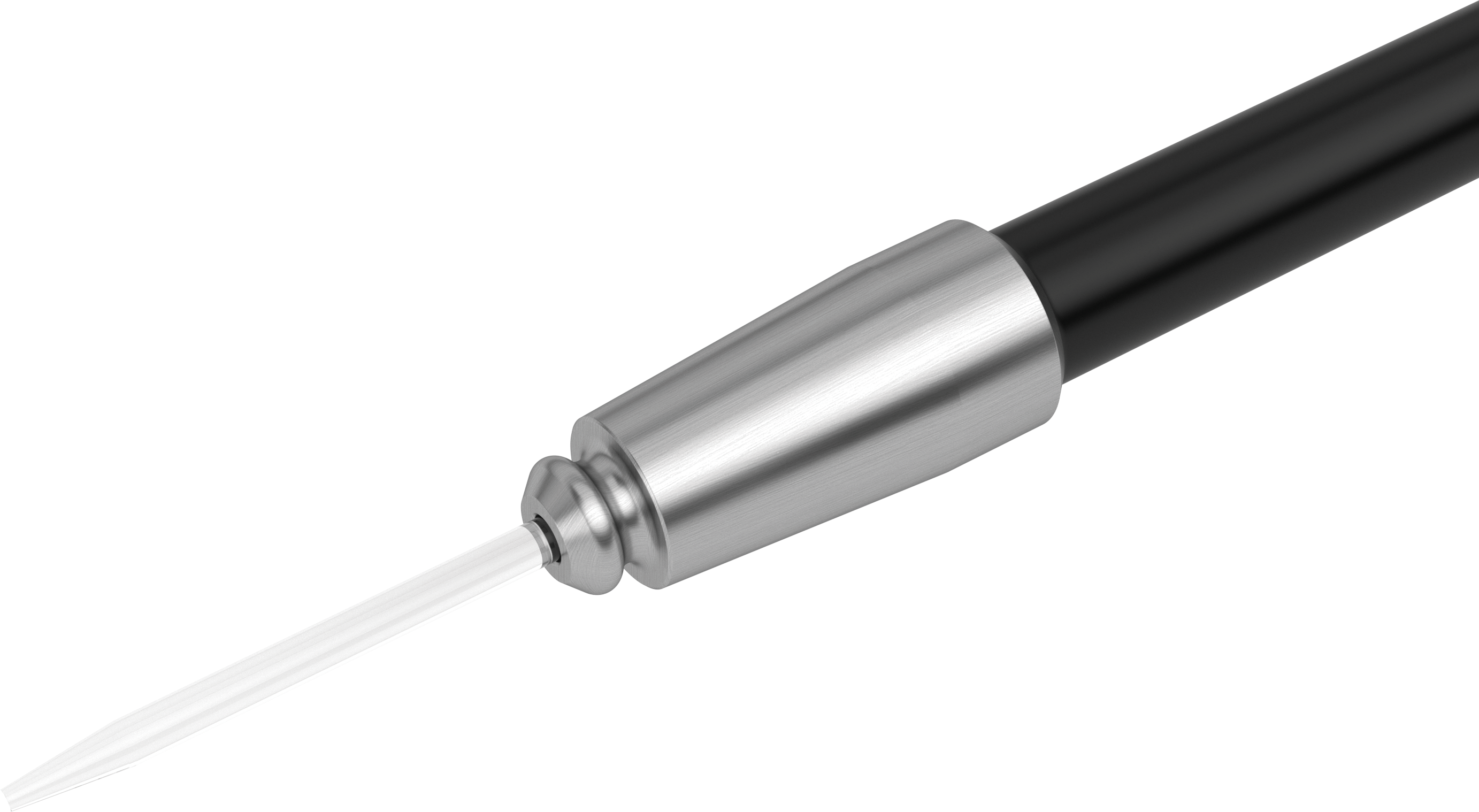 Bendable 25G chandelier illuminator with Caliburn trocar, showing the fibre tip in detail