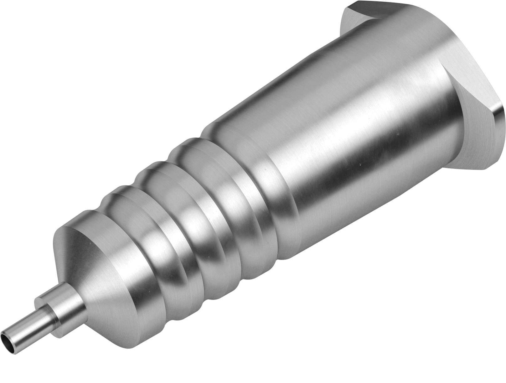 Close up of a universal visco cannula connector with metallic finish