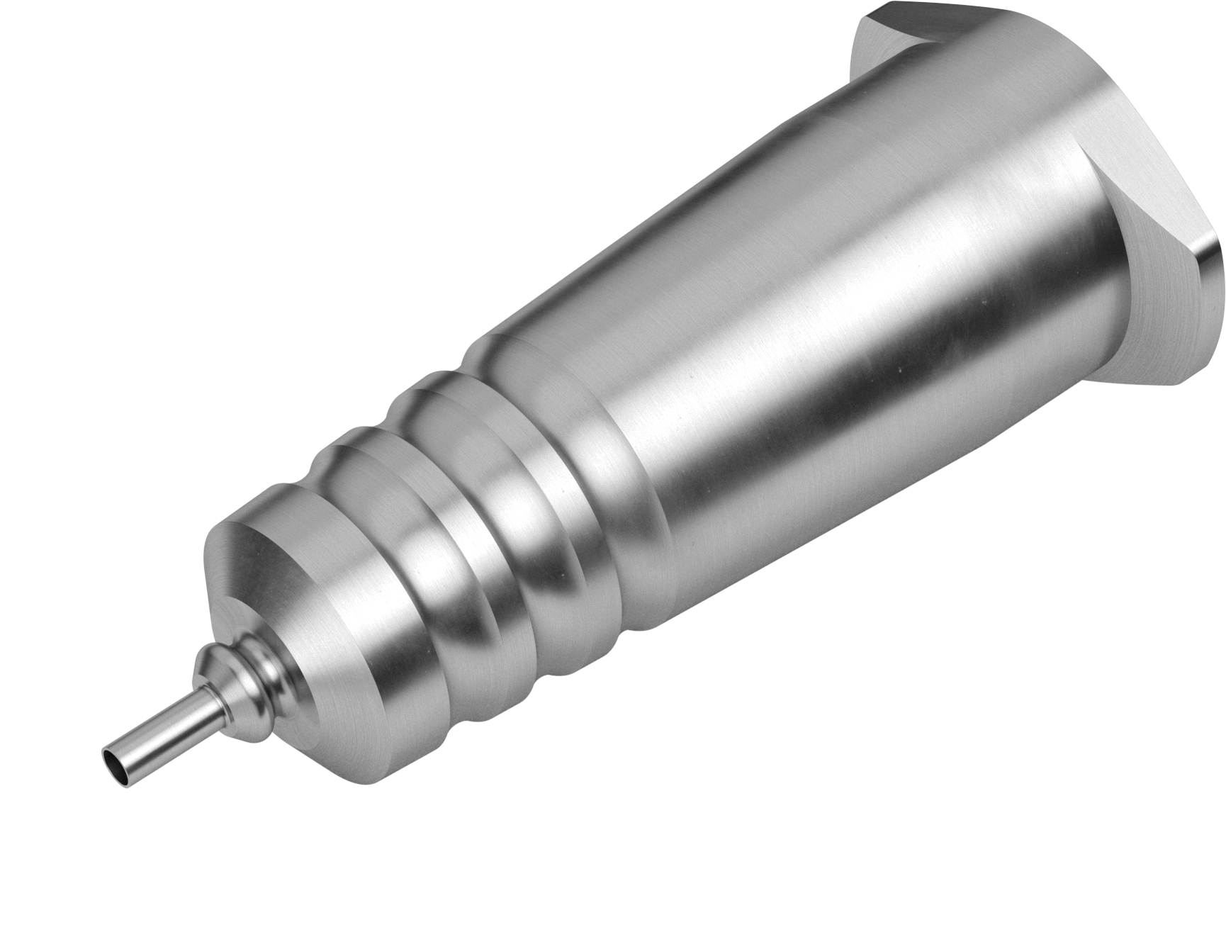 Snap lock visco cannula with metallic housing and fine application tip