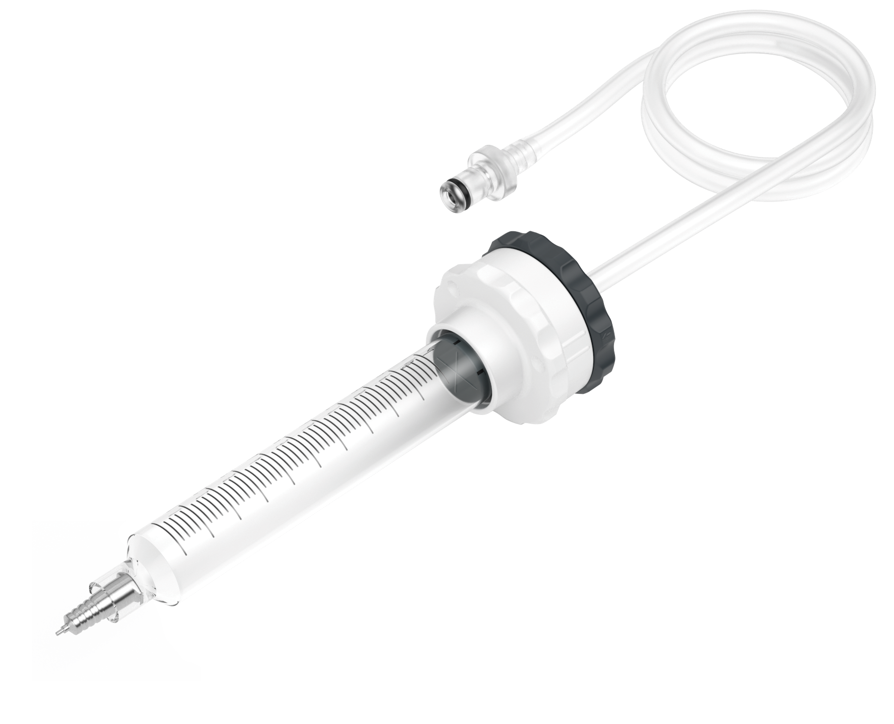 Assembled silicone oil application set with syringe, tubing and connector system